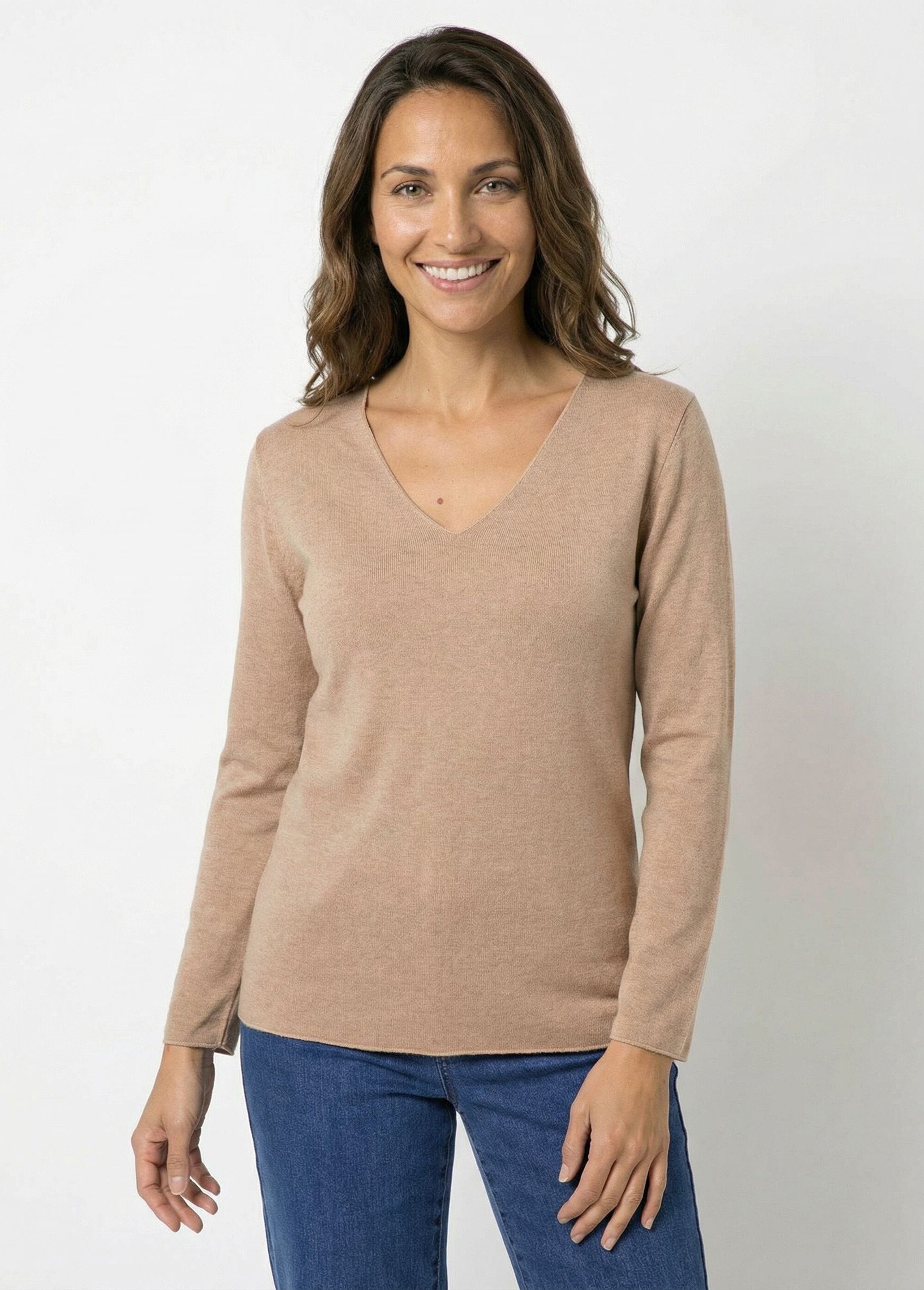 Pull fin avec angora et laine, col V Femme Marron WHN-394 FA1