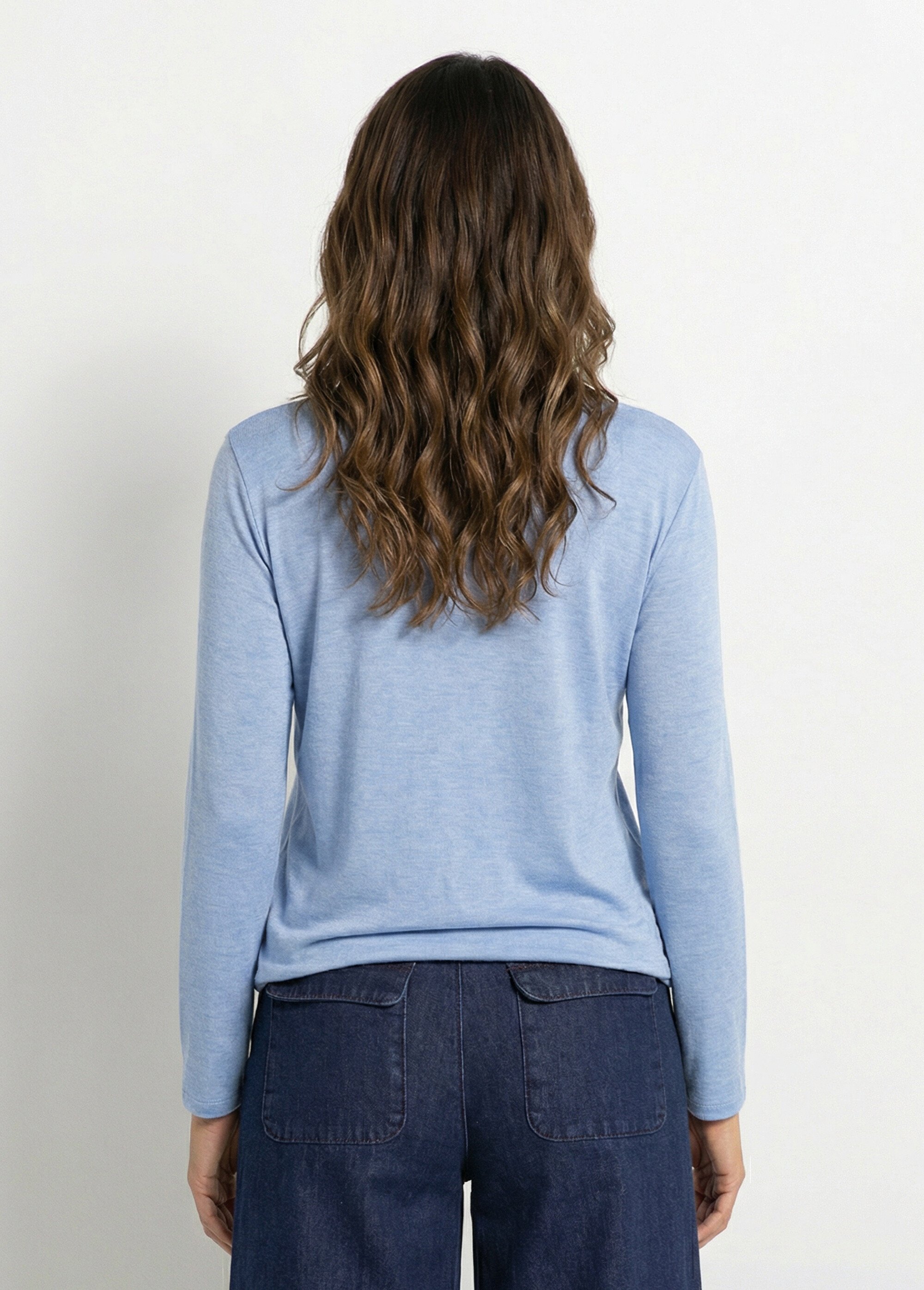 Pull fin avec angora et laine, col V Femme Bleu WHN-394 DO1