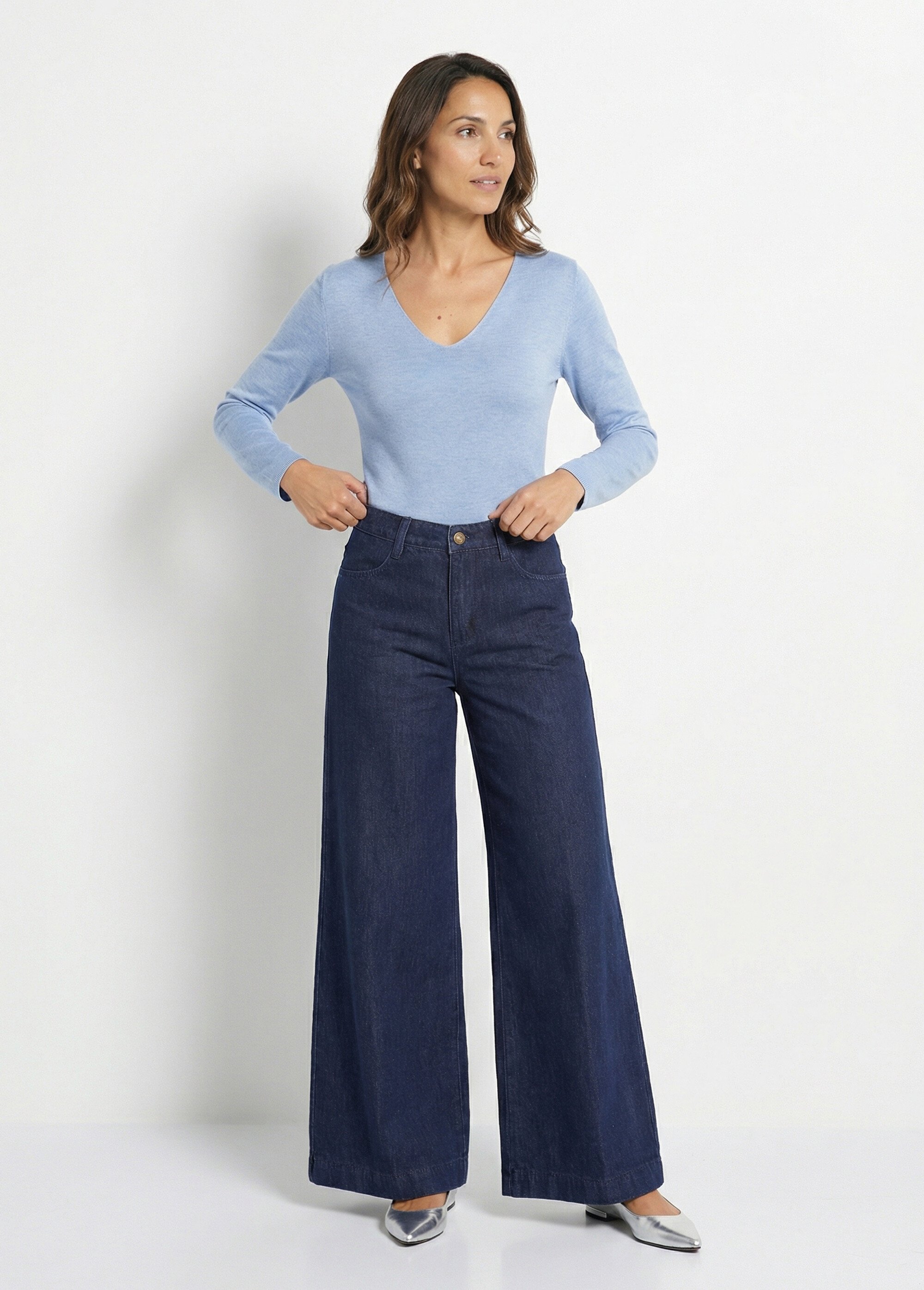 Pull fin avec angora et laine, col V Femme Bleu WHN-394 SF1