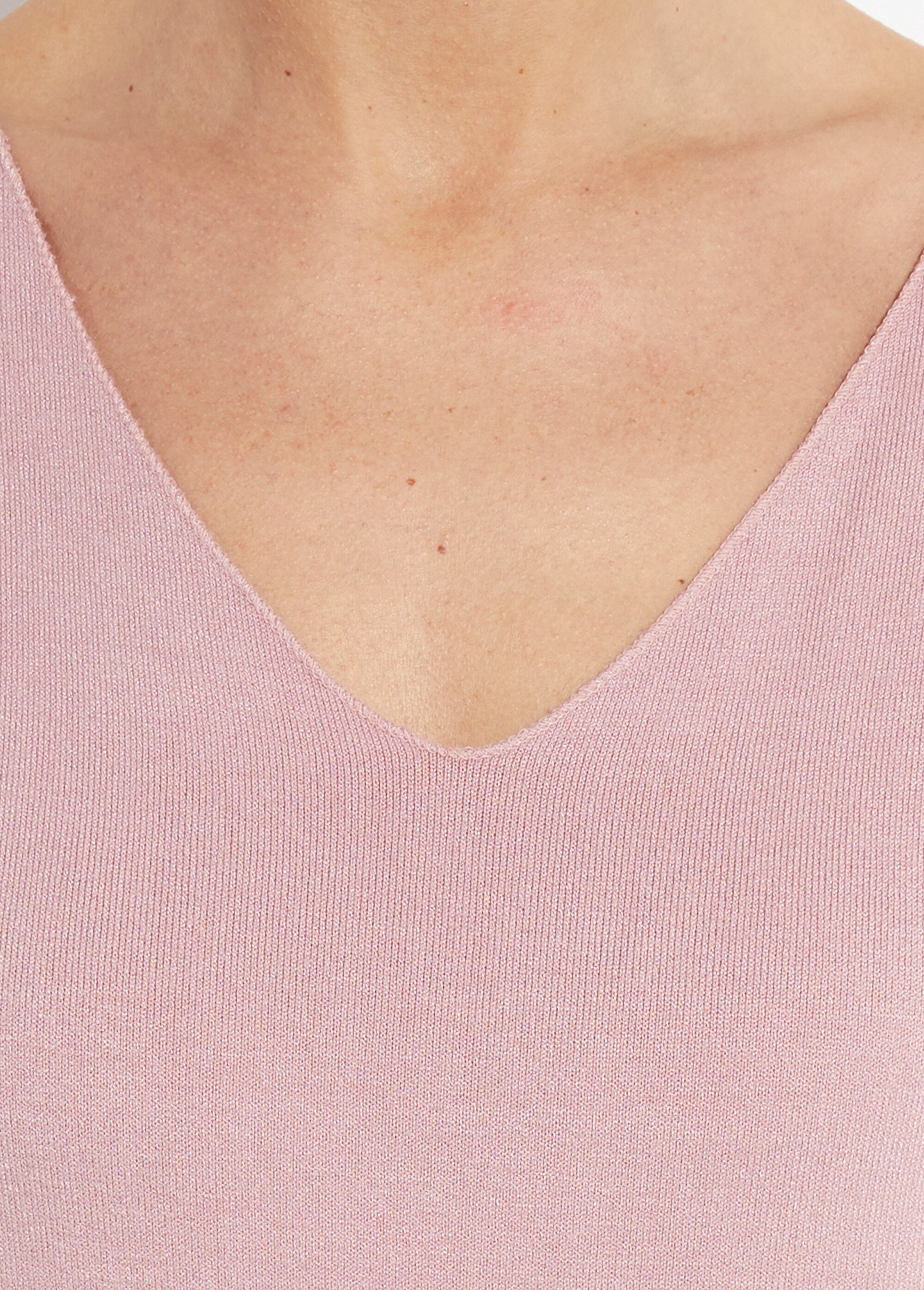 Pull fin avec angora et laine, col V Femme Rose WHN-394 DE2