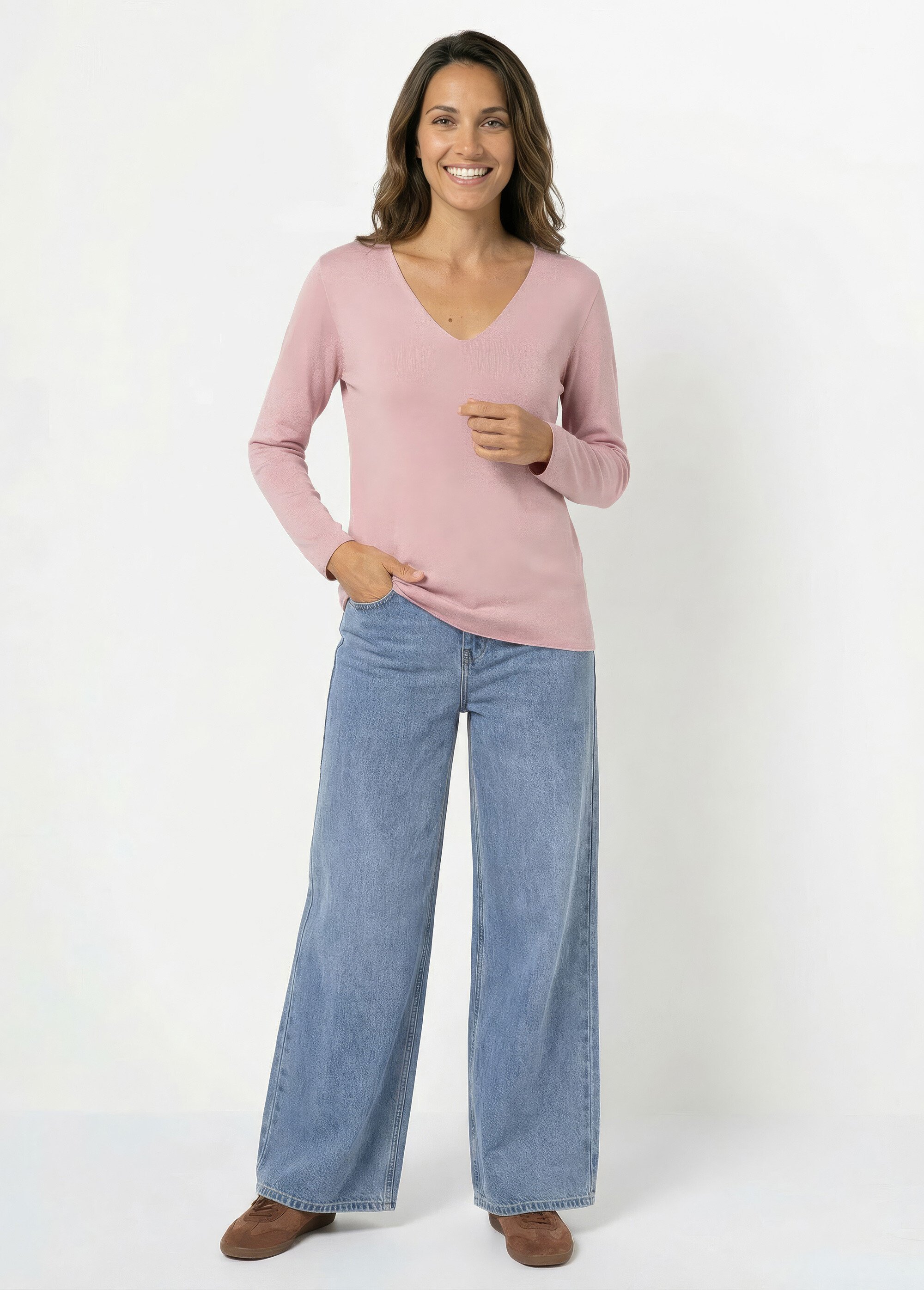 Pull fin avec angora et laine, col V Femme Rose WHN-394 SF1