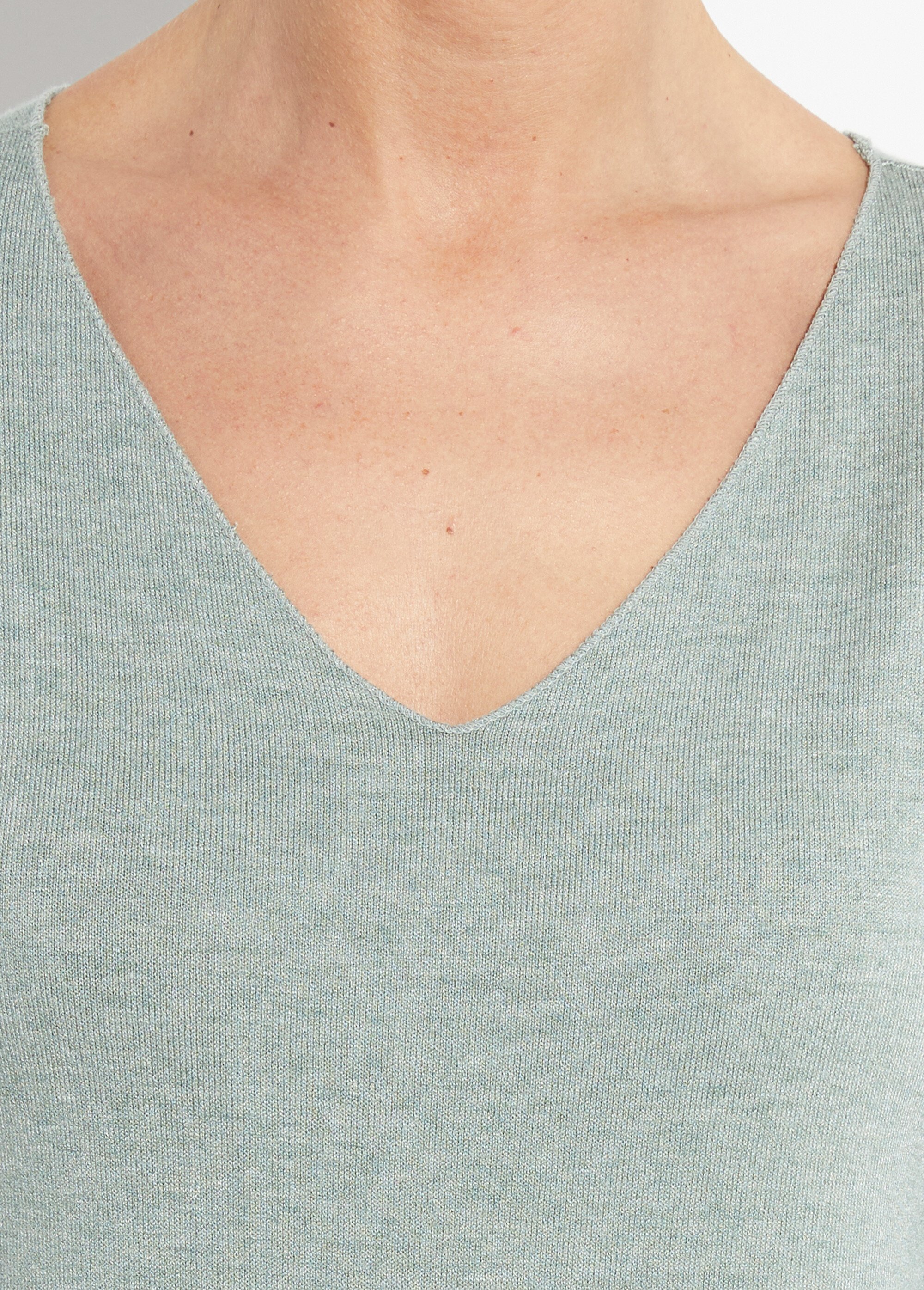 Pull fin avec angora et laine, col V Femme Vert WHN-394 DE1