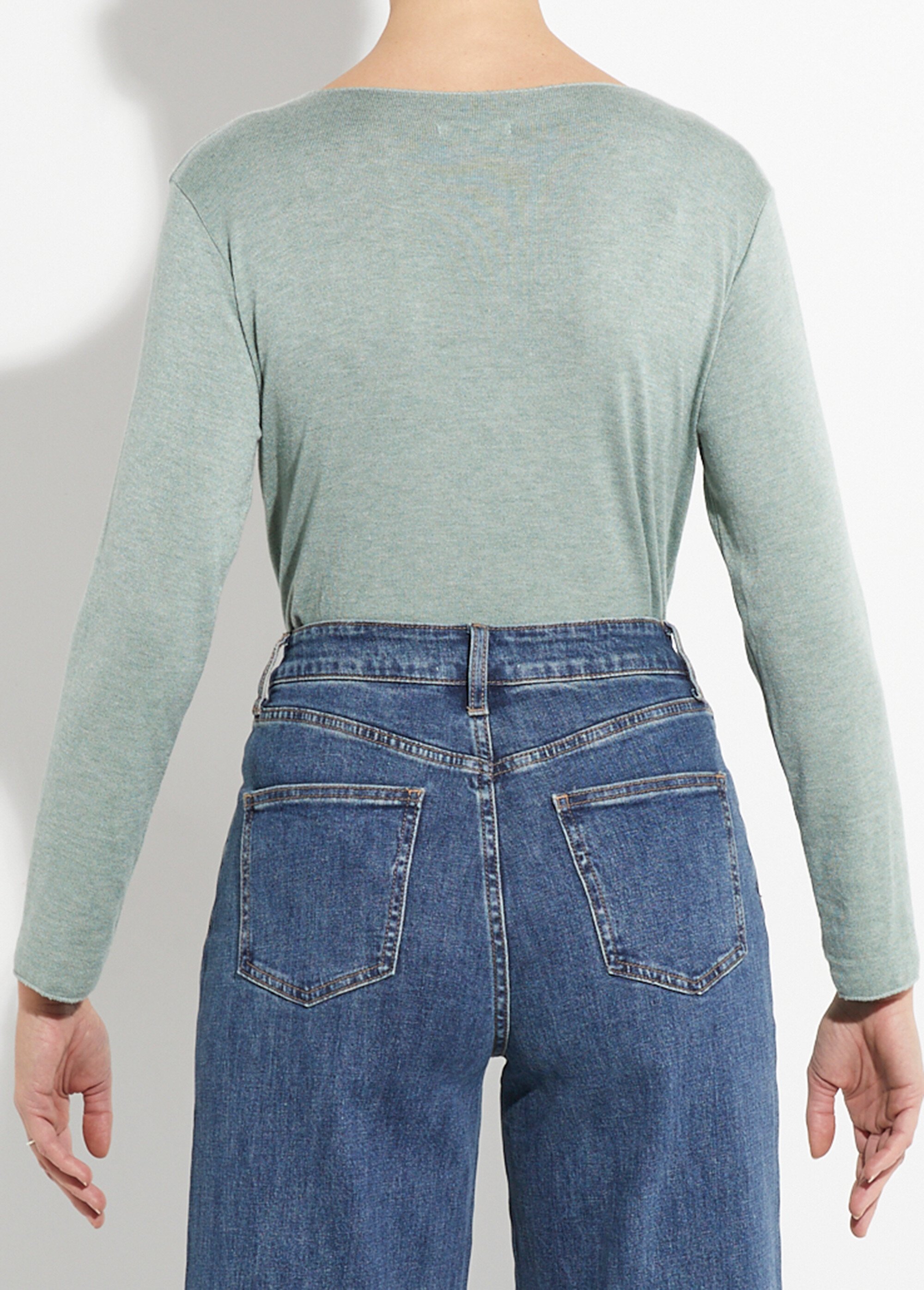 Pull fin avec angora et laine, col V Femme Vert WHN-394 DO1