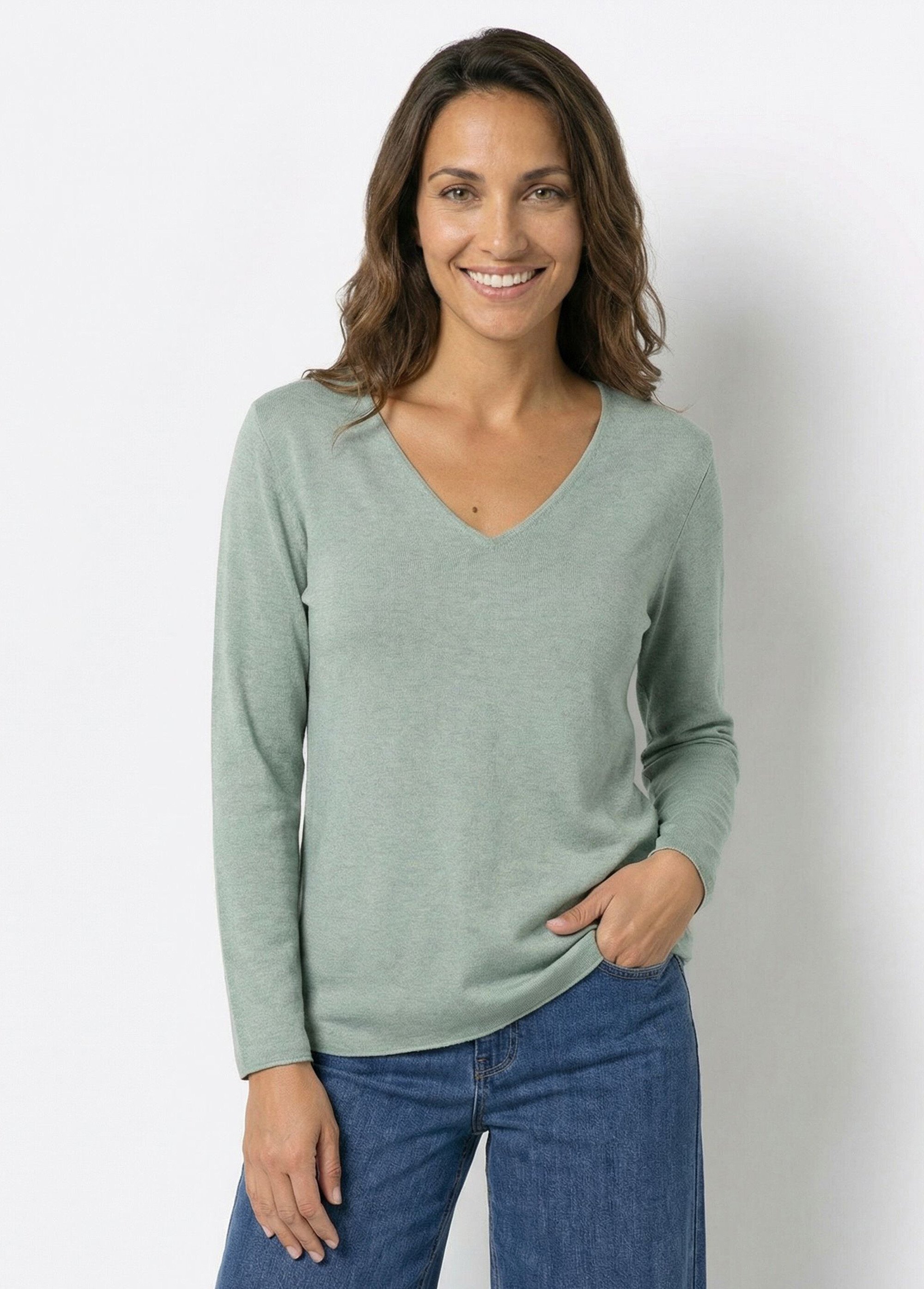 Pull fin avec angora et laine, col V Femme Vert WHN-394 MV1