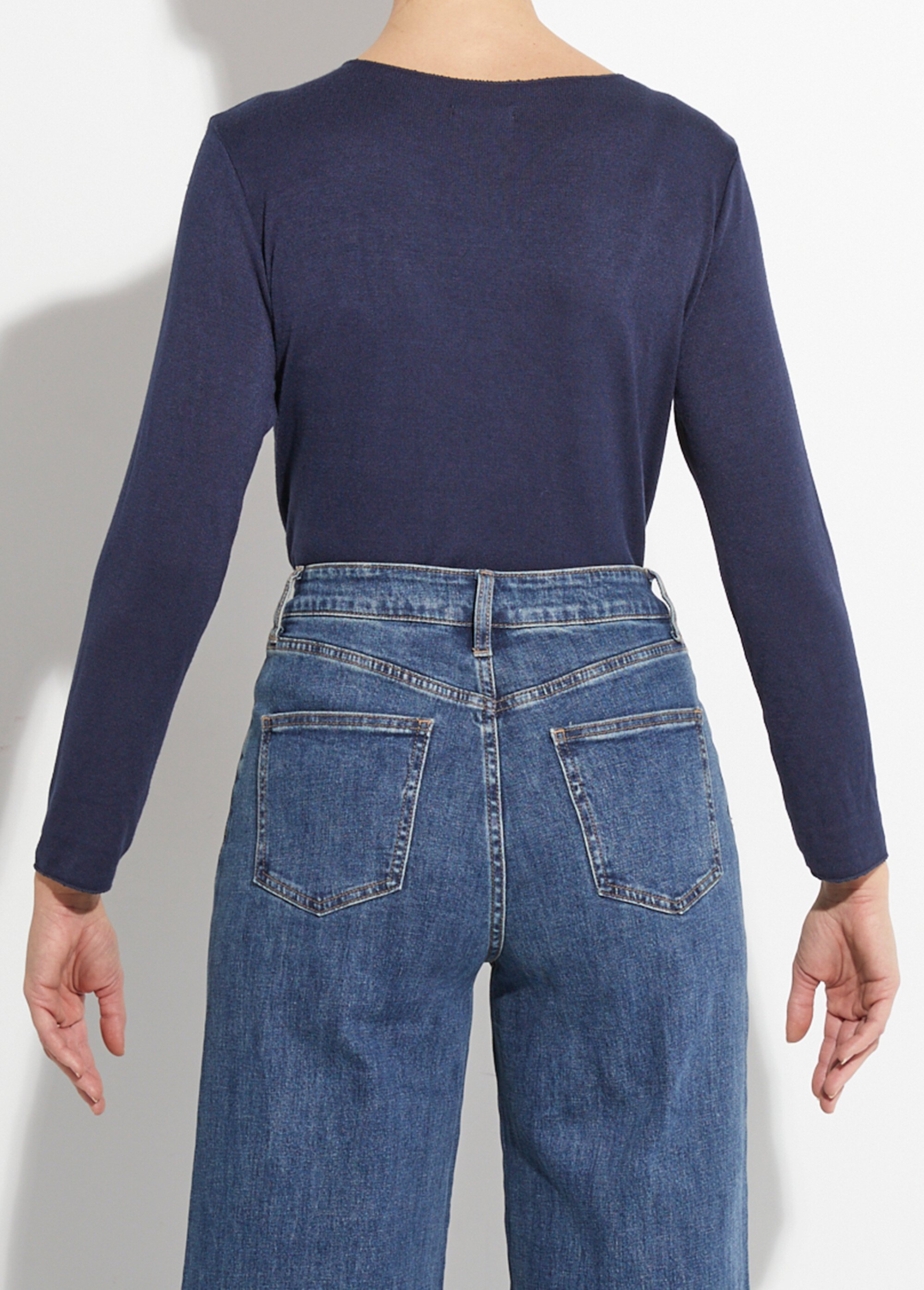 Pull fin avec angora et laine, col V Femme Bleu WHN-394 DO1