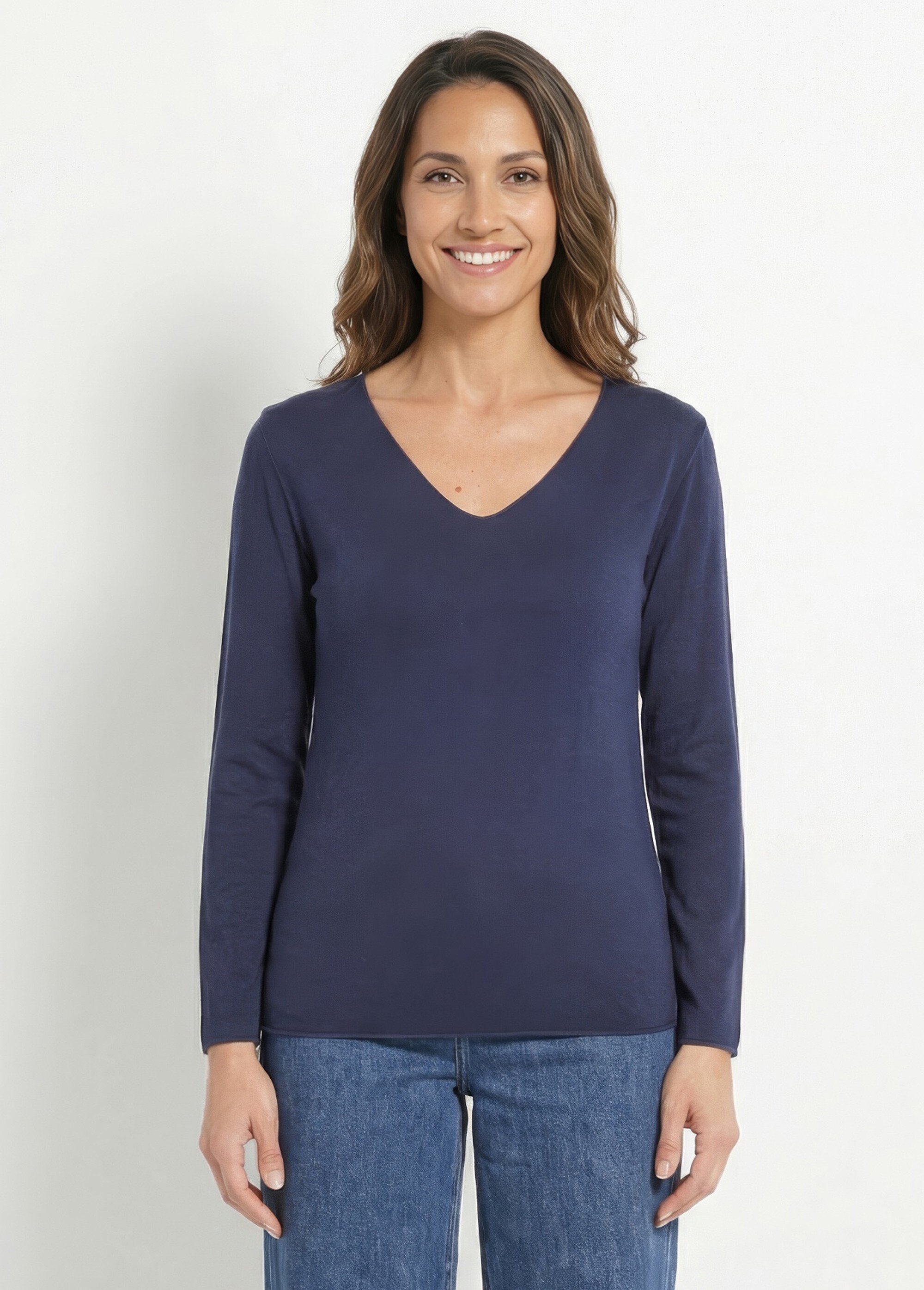 Pull fin avec angora et laine, col V Femme Bleu WHN-394 FA1
