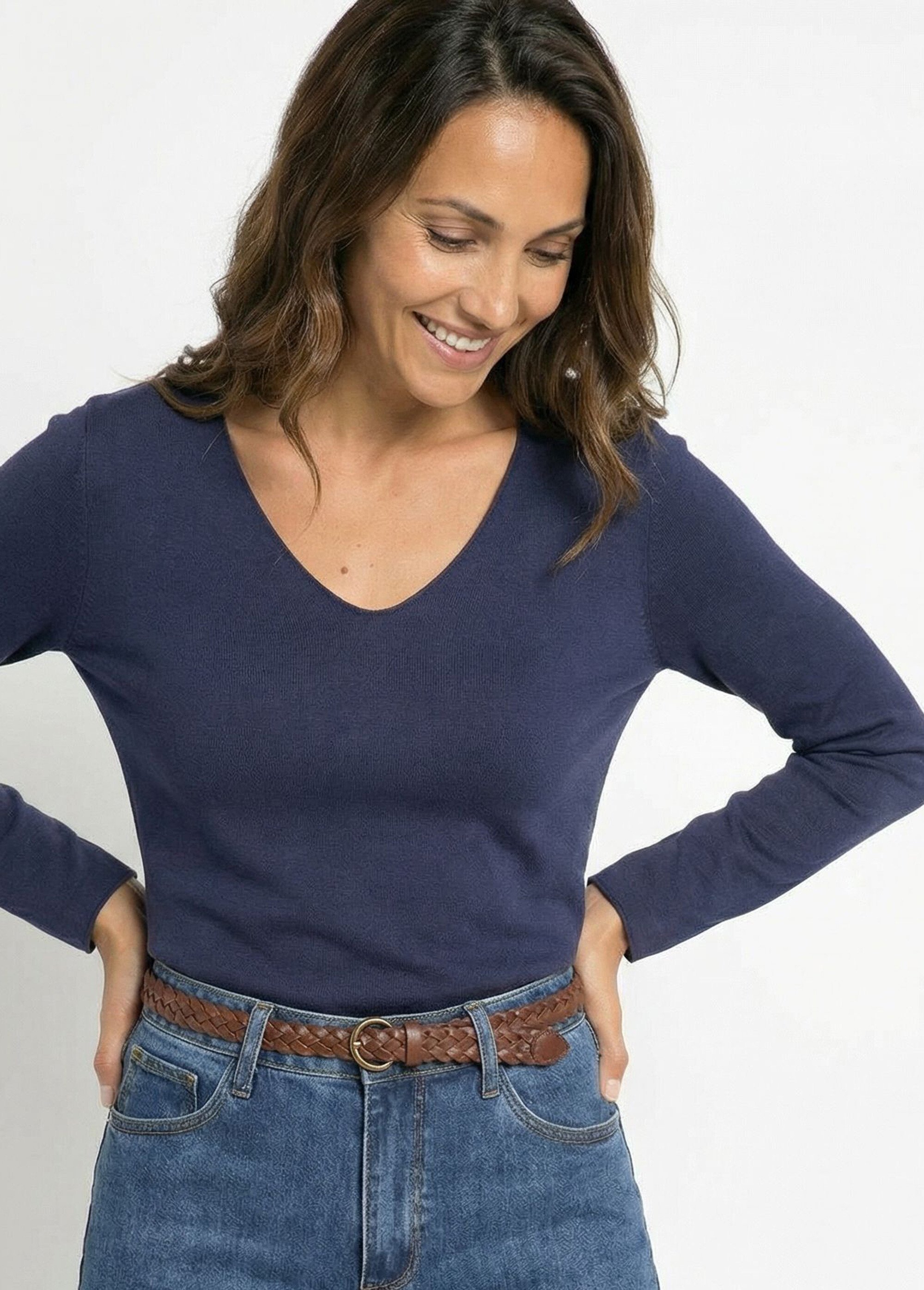 Pull fin avec angora et laine, col V