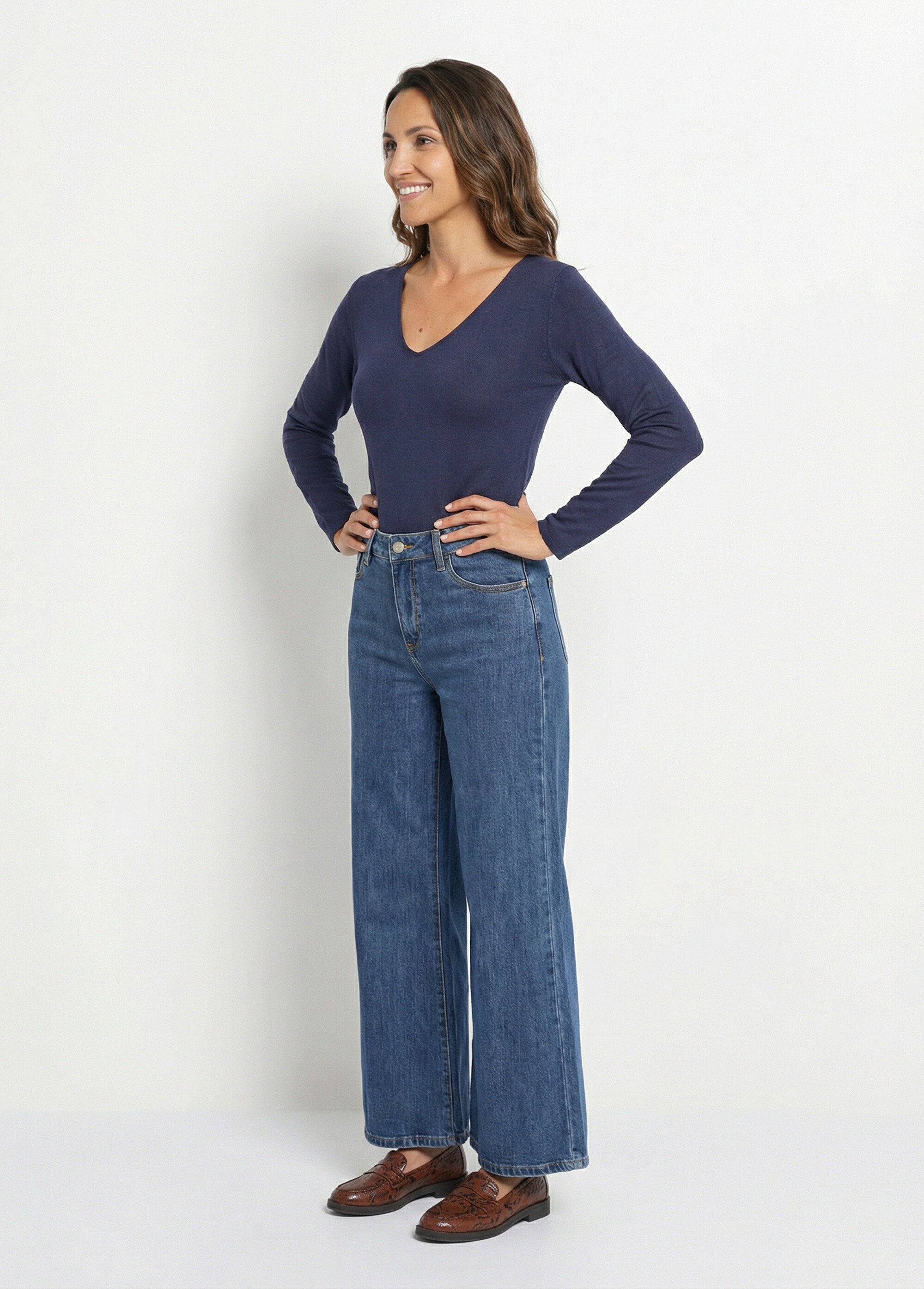 Pull fin avec angora et laine, col V Femme Bleu WHN-394 SF1