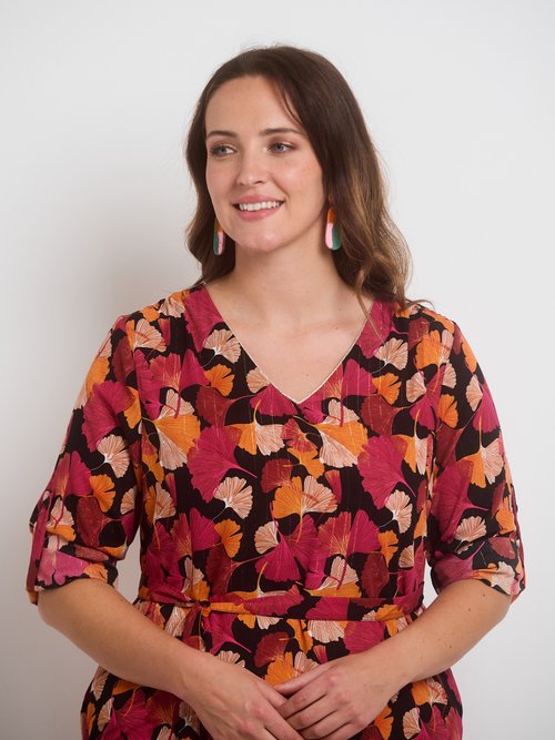 Robe imprimé avec manches retroussables Femme Grande Taille Noir BO-4655819 DE2