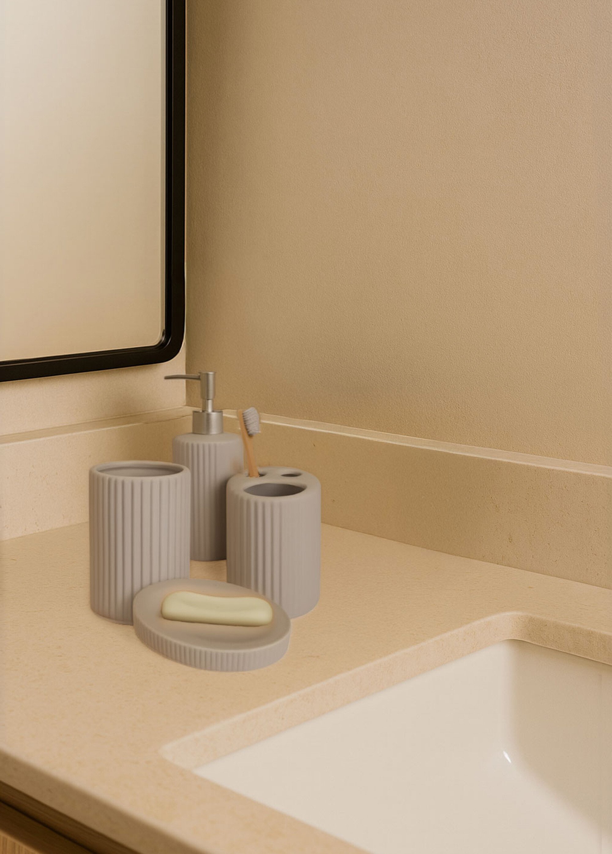 Set salle de bain 4 pièces ceramique striée Gris KP-795211560 SF1
