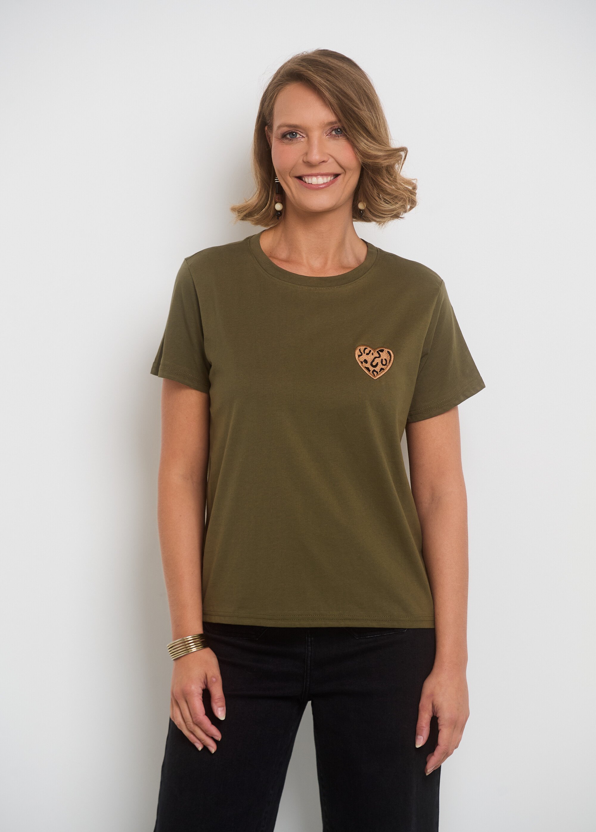 T-shirt col rond coeur brodé poitrine Vert Afibel