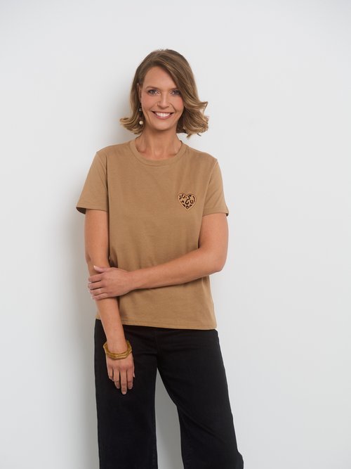 T-shirt col rond coeur brodé poitrine Femme Marron JB-TS0011 FA2