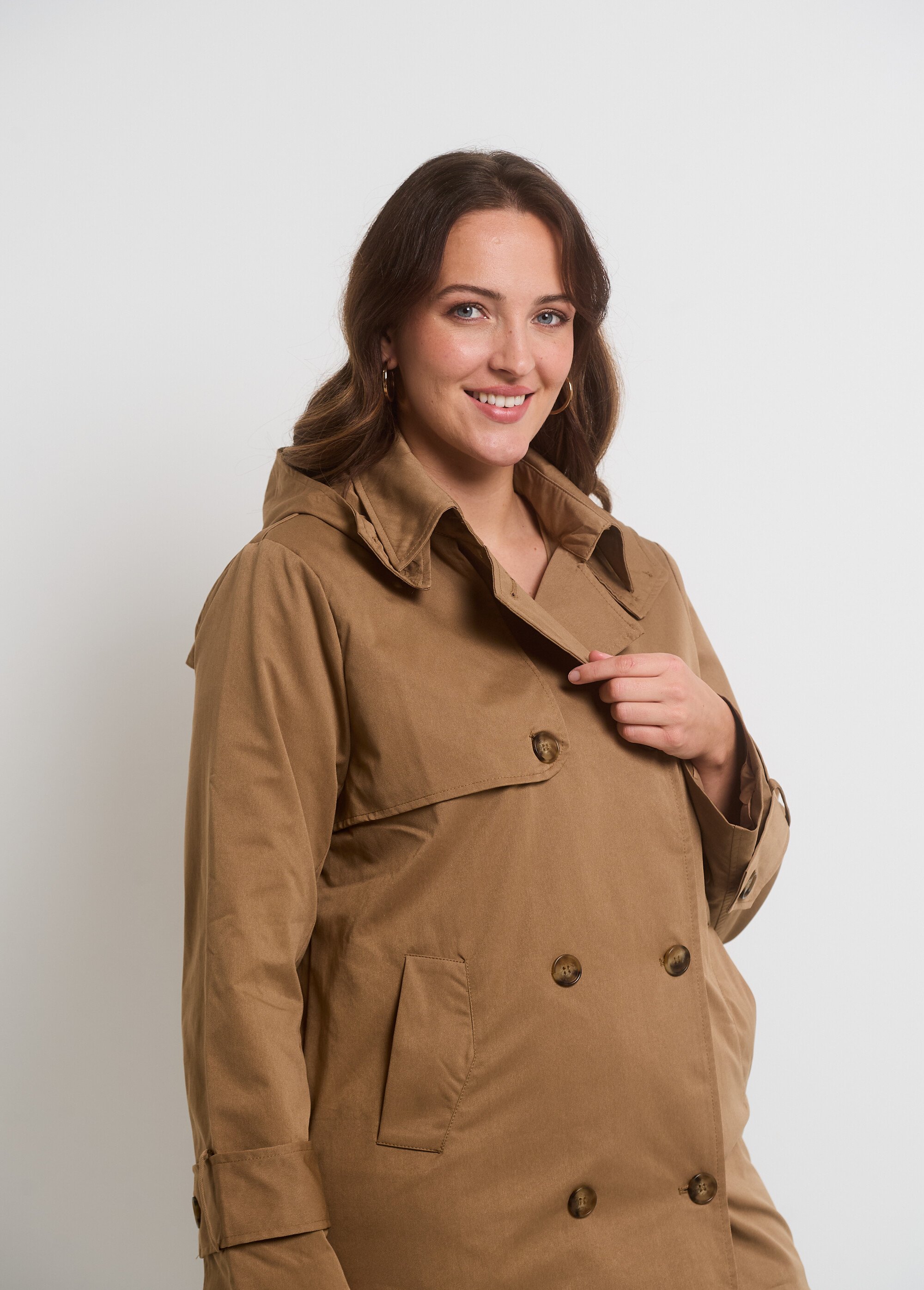Trench à capuche double boutonnage Femme Grande Taille Beige ATT-TR013 DR1