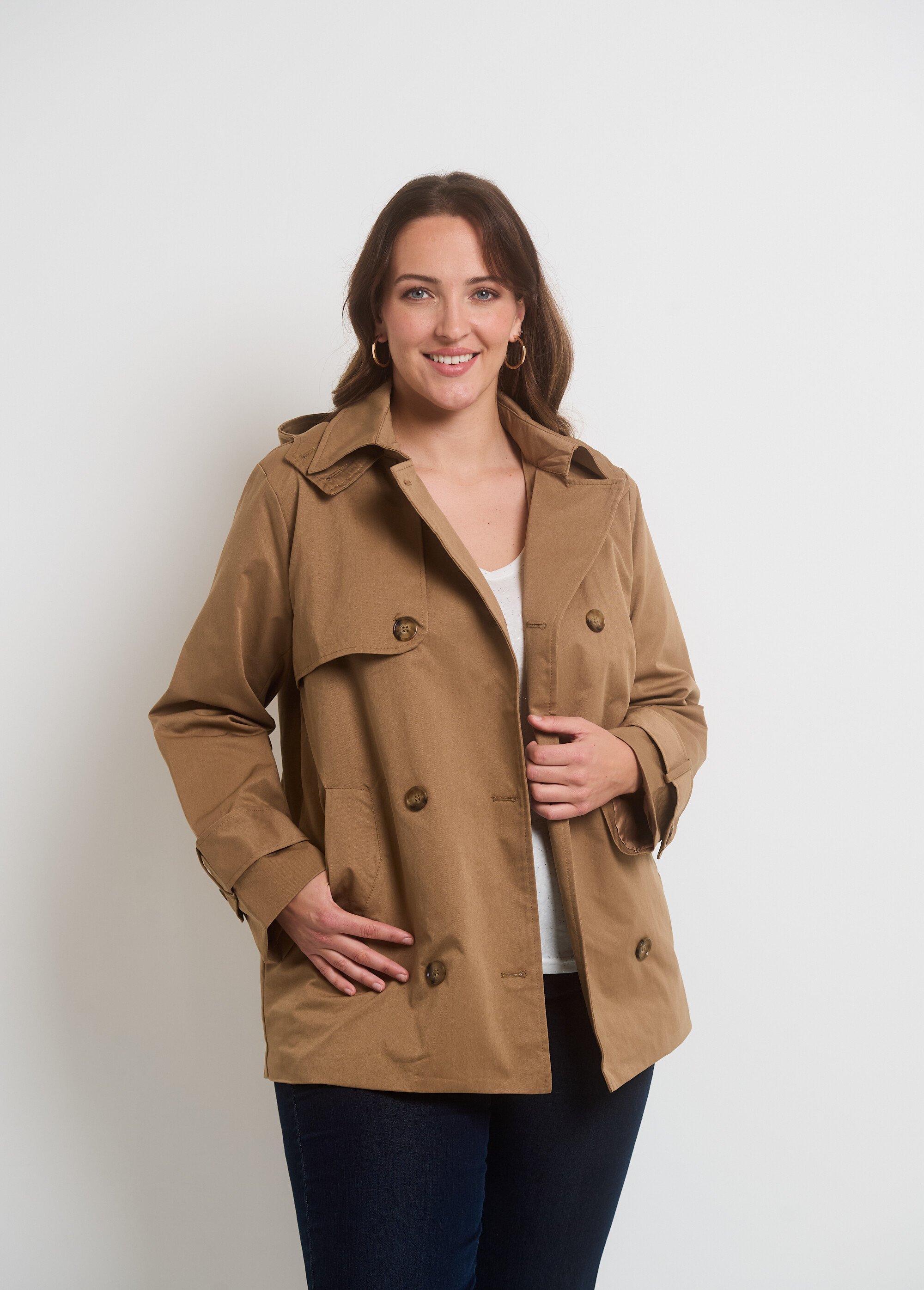 Trench à capuche double boutonnage Femme Grande Taille Beige ATT-TR013 FA2