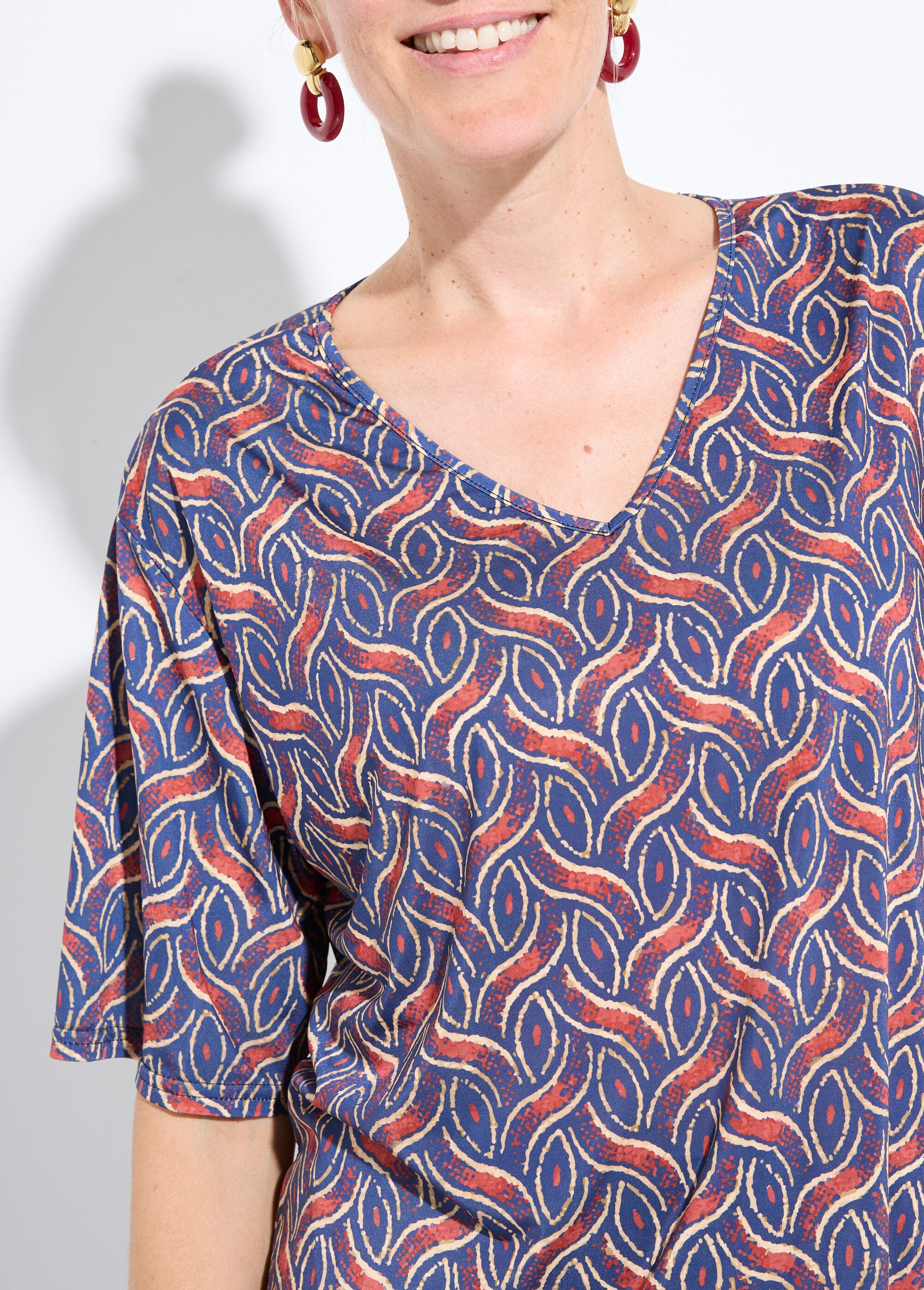 Tunique manches courtes motif ethnique Femme Bleu FI-SIMPLETHNI DE1