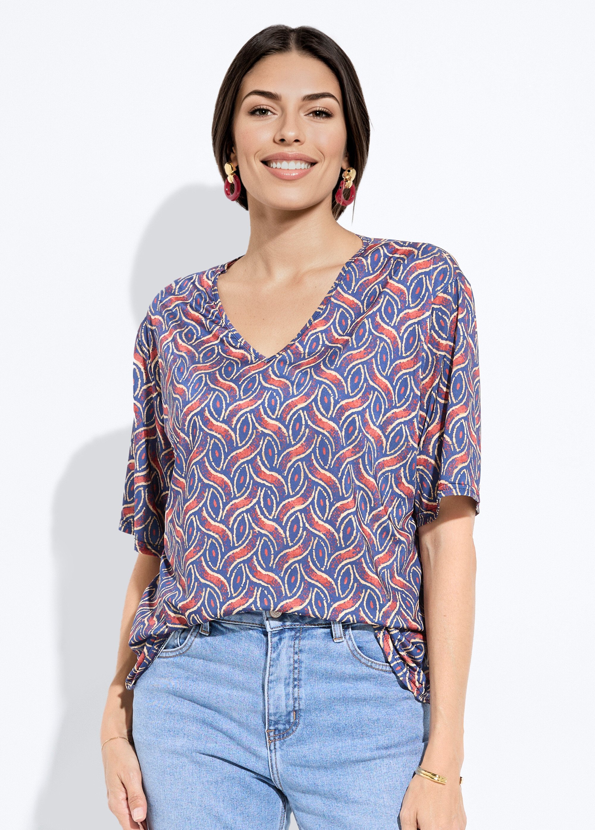 Tunique manches courtes motif ethnique Femme Bleu FI-SIMPLETHNI FA1