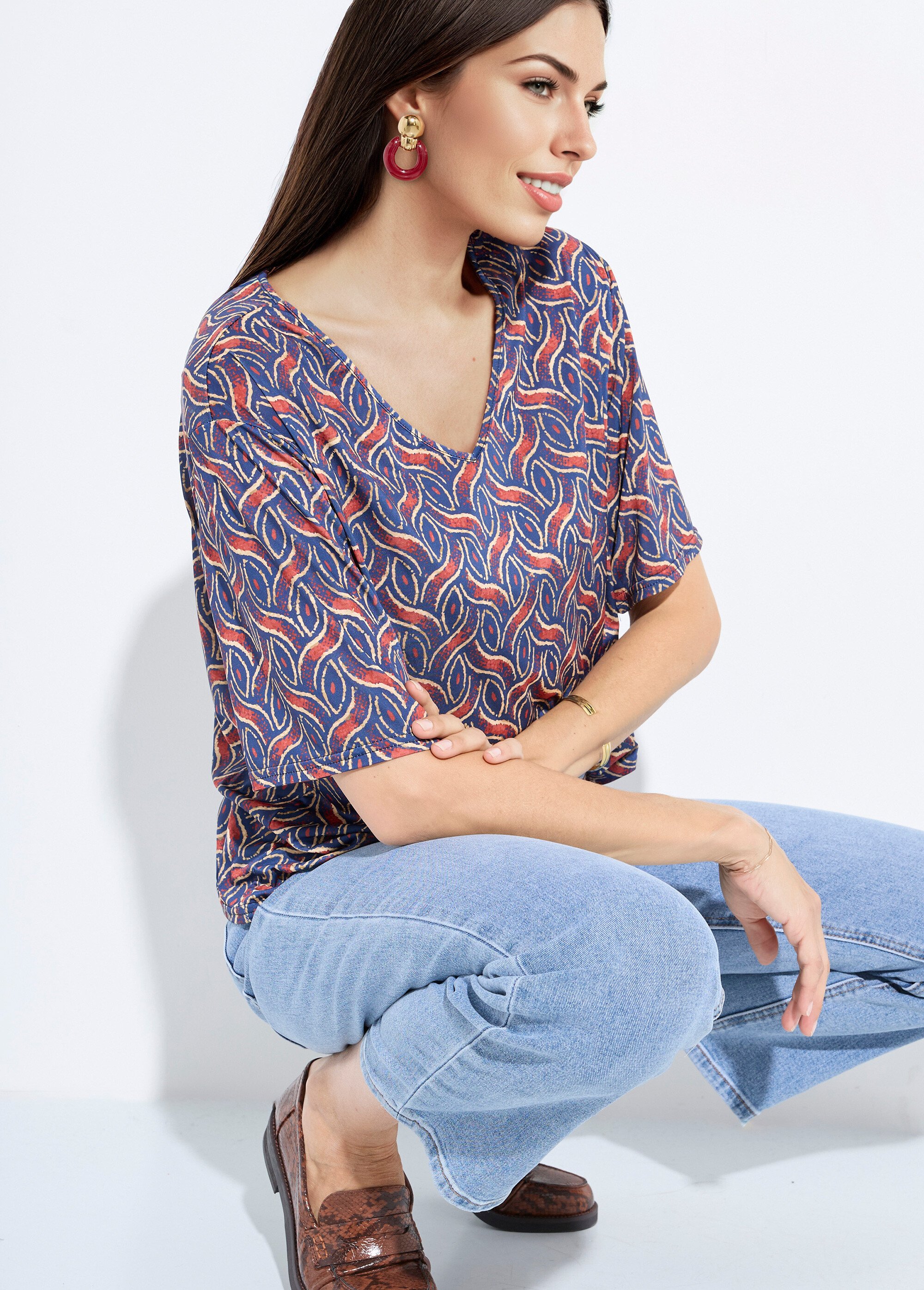 Tunique manches courtes motif ethnique Femme Bleu FI-SIMPLETHNI MV1