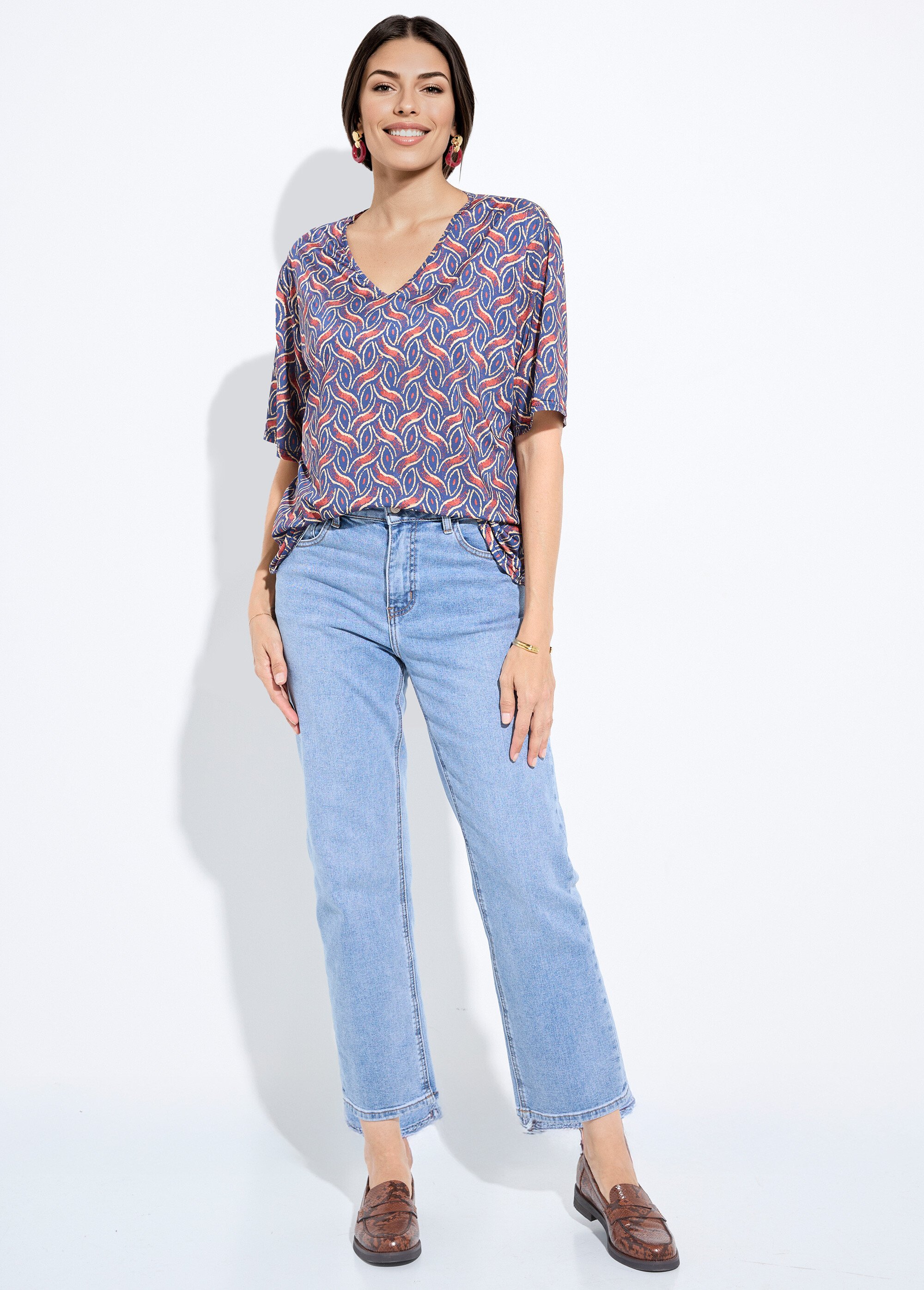 Tunique manches courtes motif ethnique Femme Bleu FI-SIMPLETHNI SF1
