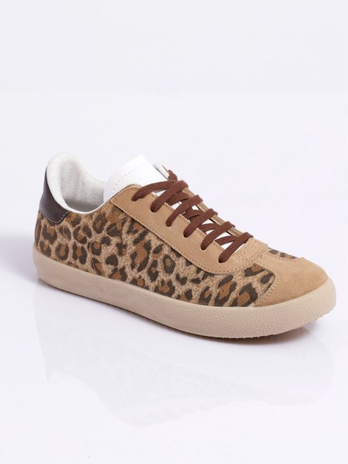 Baskets compensées cuir à lacets imprimé léopard Femme Beige OGIVAL FA1