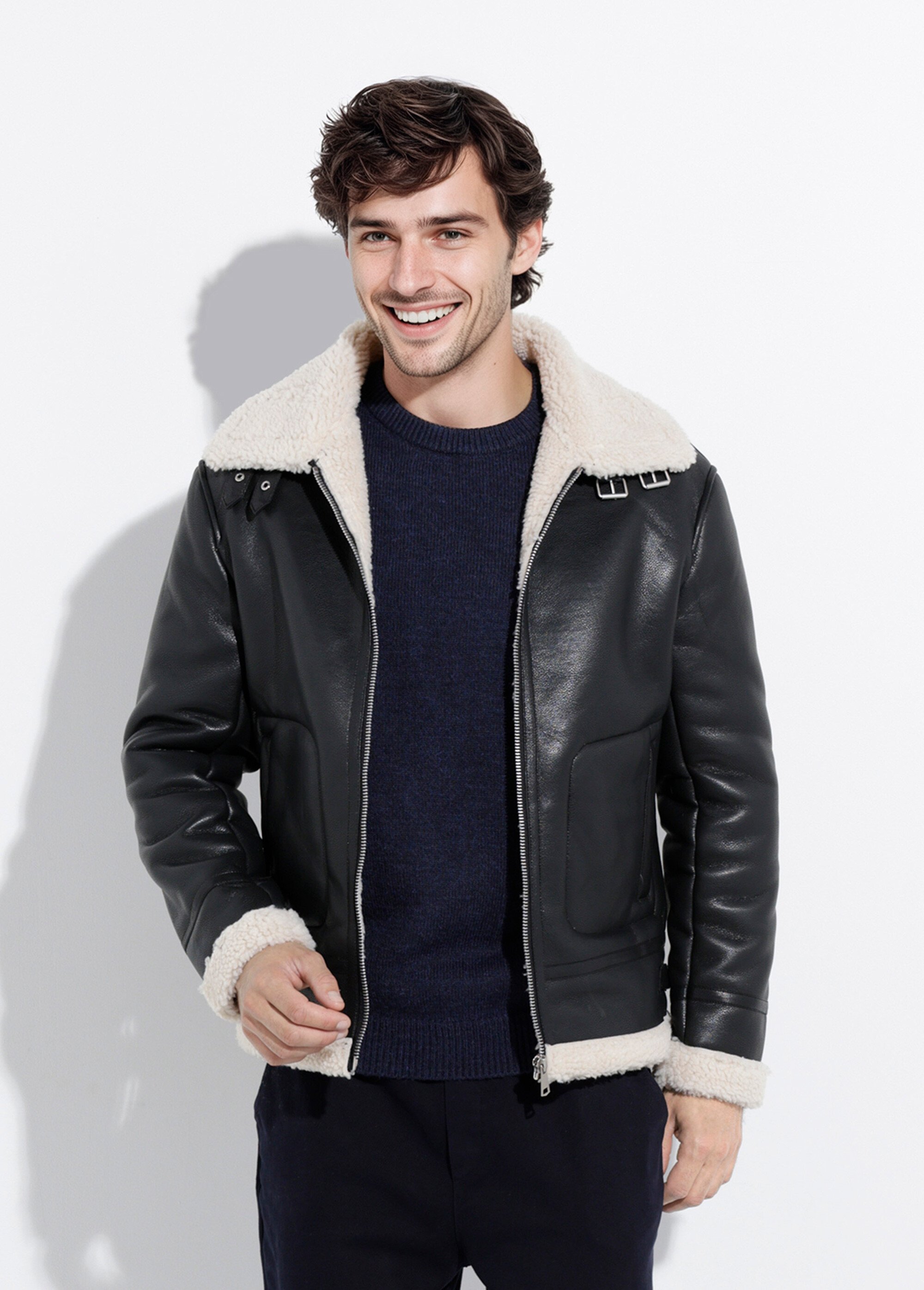 Blouson aviateur simili cuir façon mouton retourné Homme Noir FRIQQ161A82 FA1