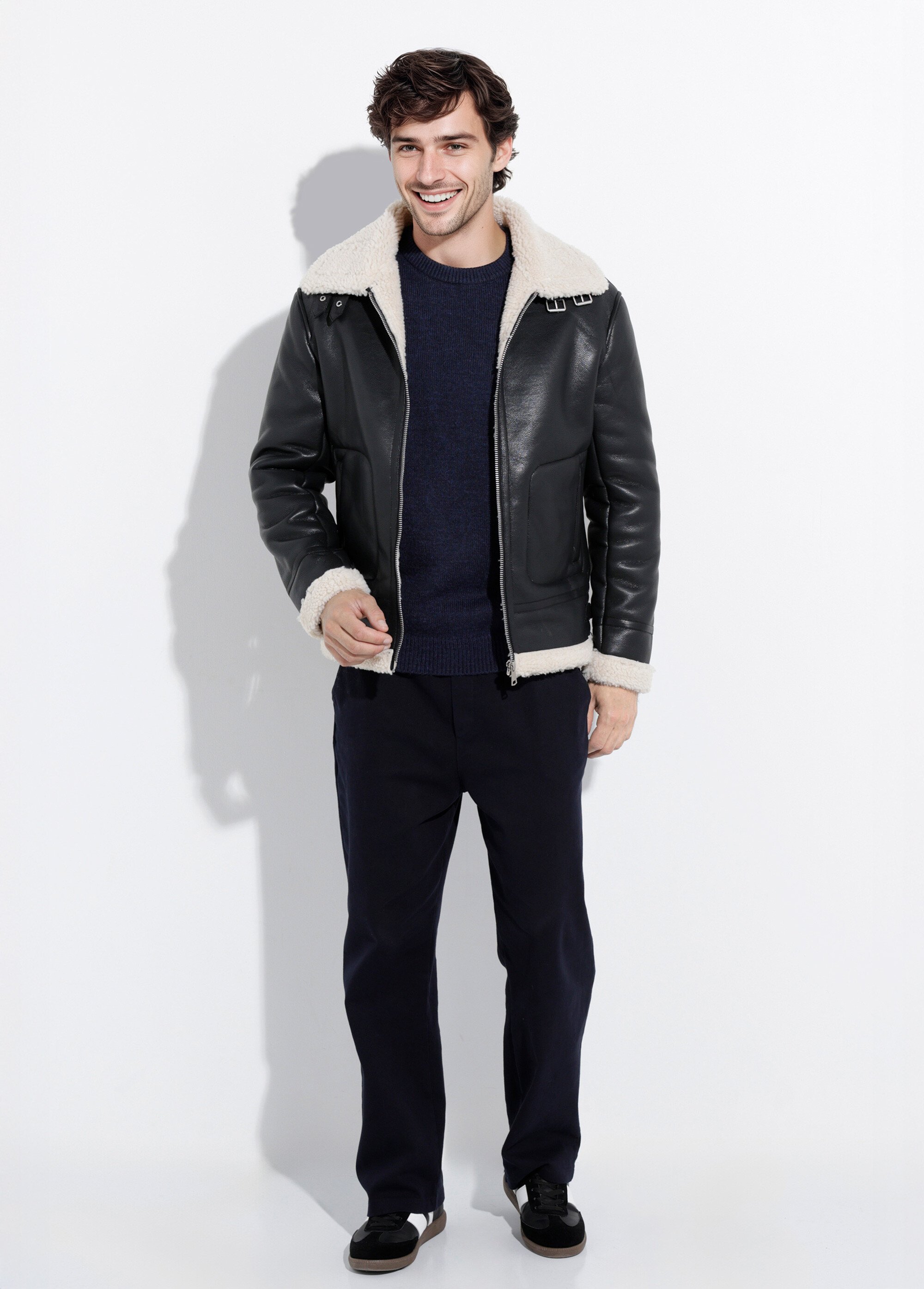 Blouson aviateur simili cuir façon mouton retourné Homme Noir FRIQQ161A82 SF1