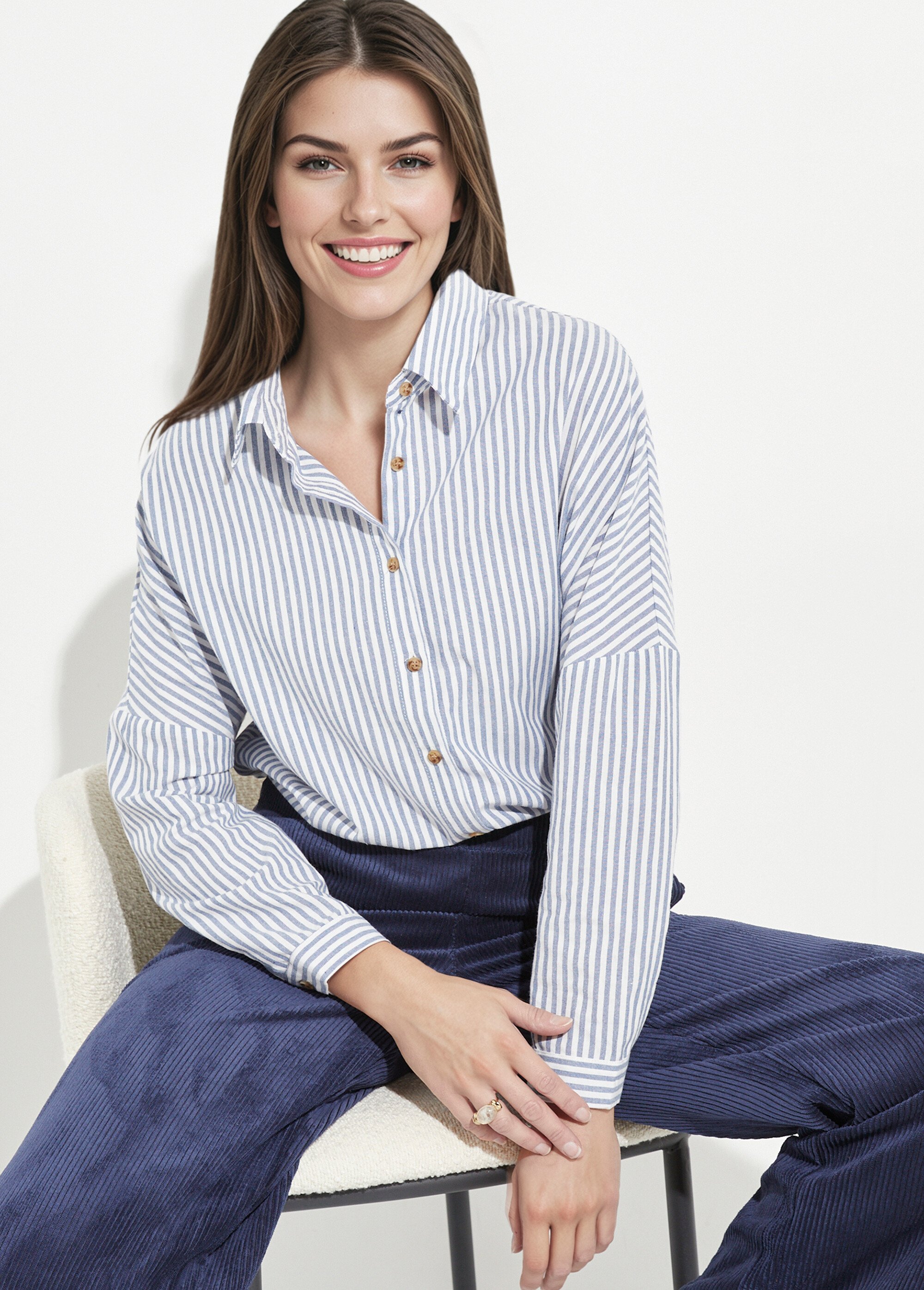 Chemisier à rayures, épaules descendues Femme Bleu IA-C62 MV1