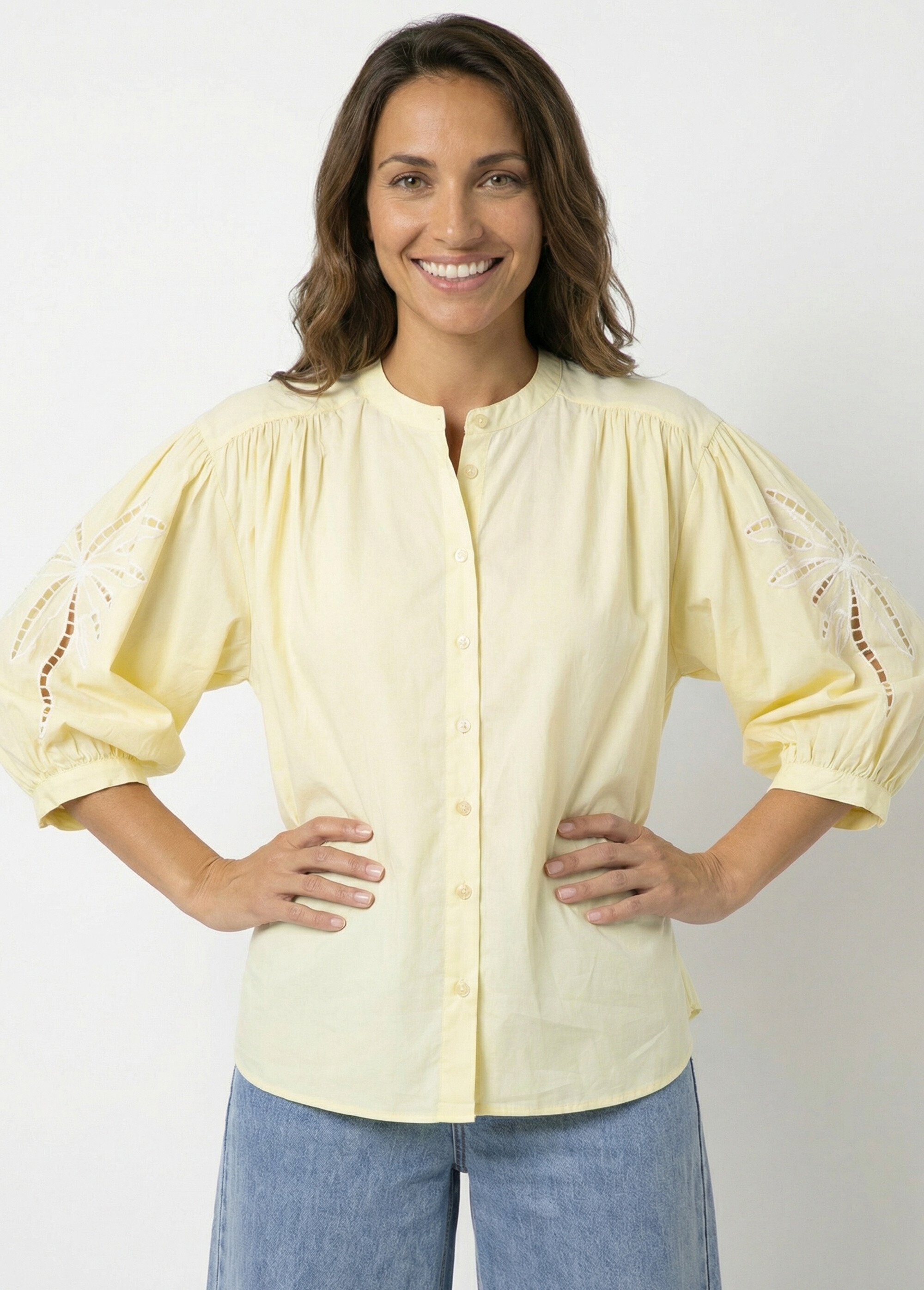 Chemisier ample manches brodées palmier Femme Jaune JSM-CH2928 MV1