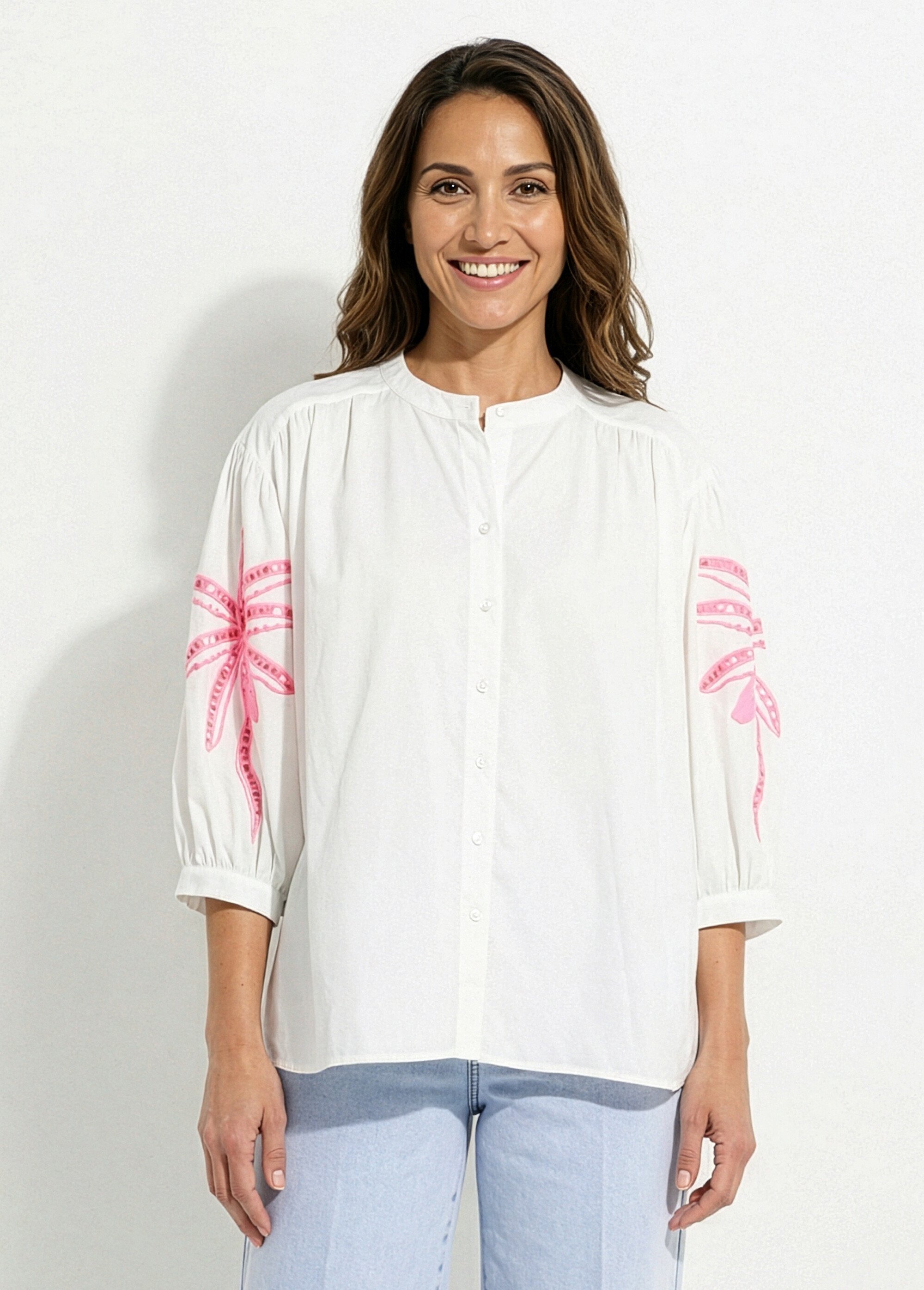 Chemisier ample manches brodées palmier Femme Blanc JSM-CH2928 FA1