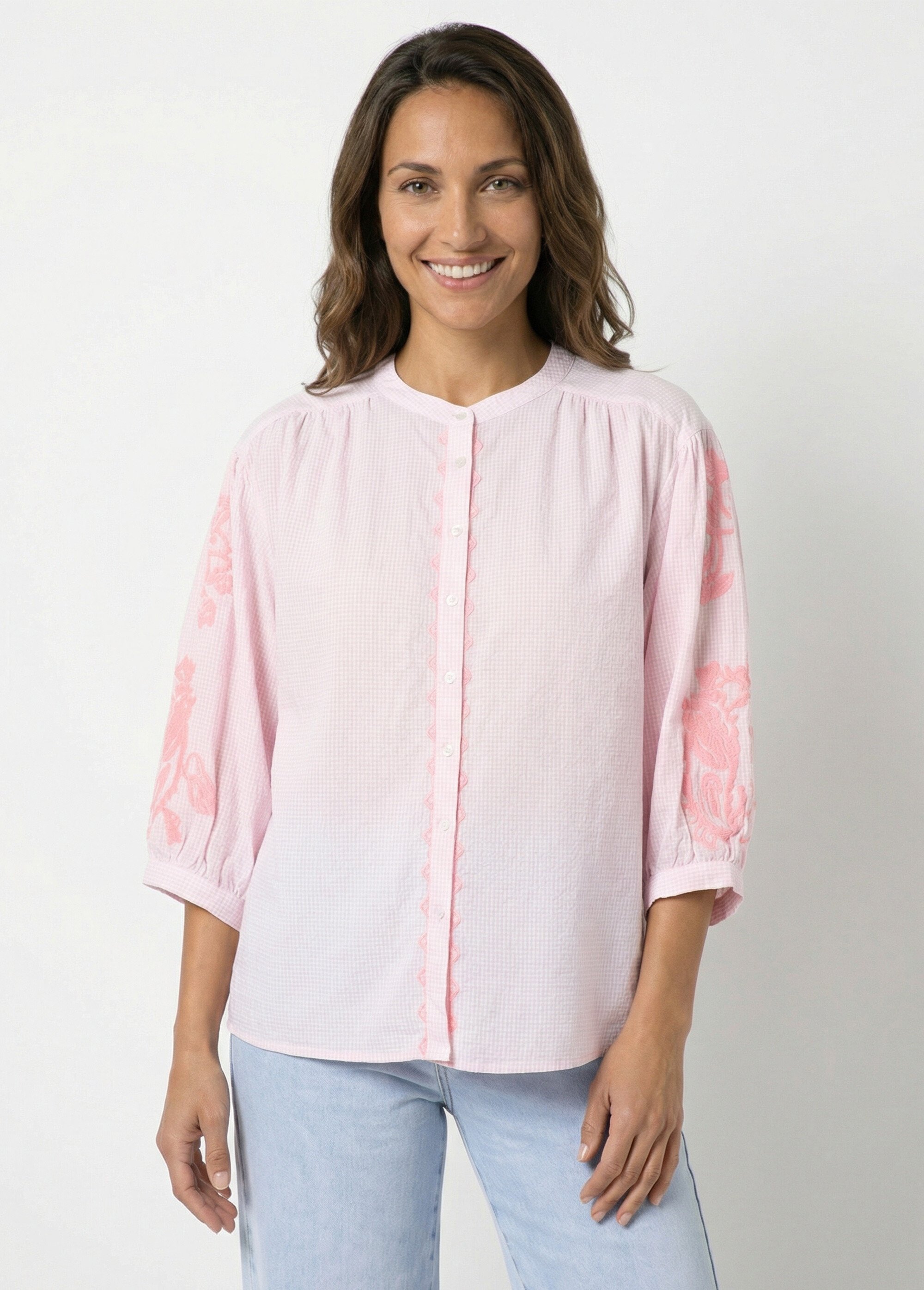 Chemisier ample vichy, broderies fluo Femme Rose JSM-CH3137 FA1