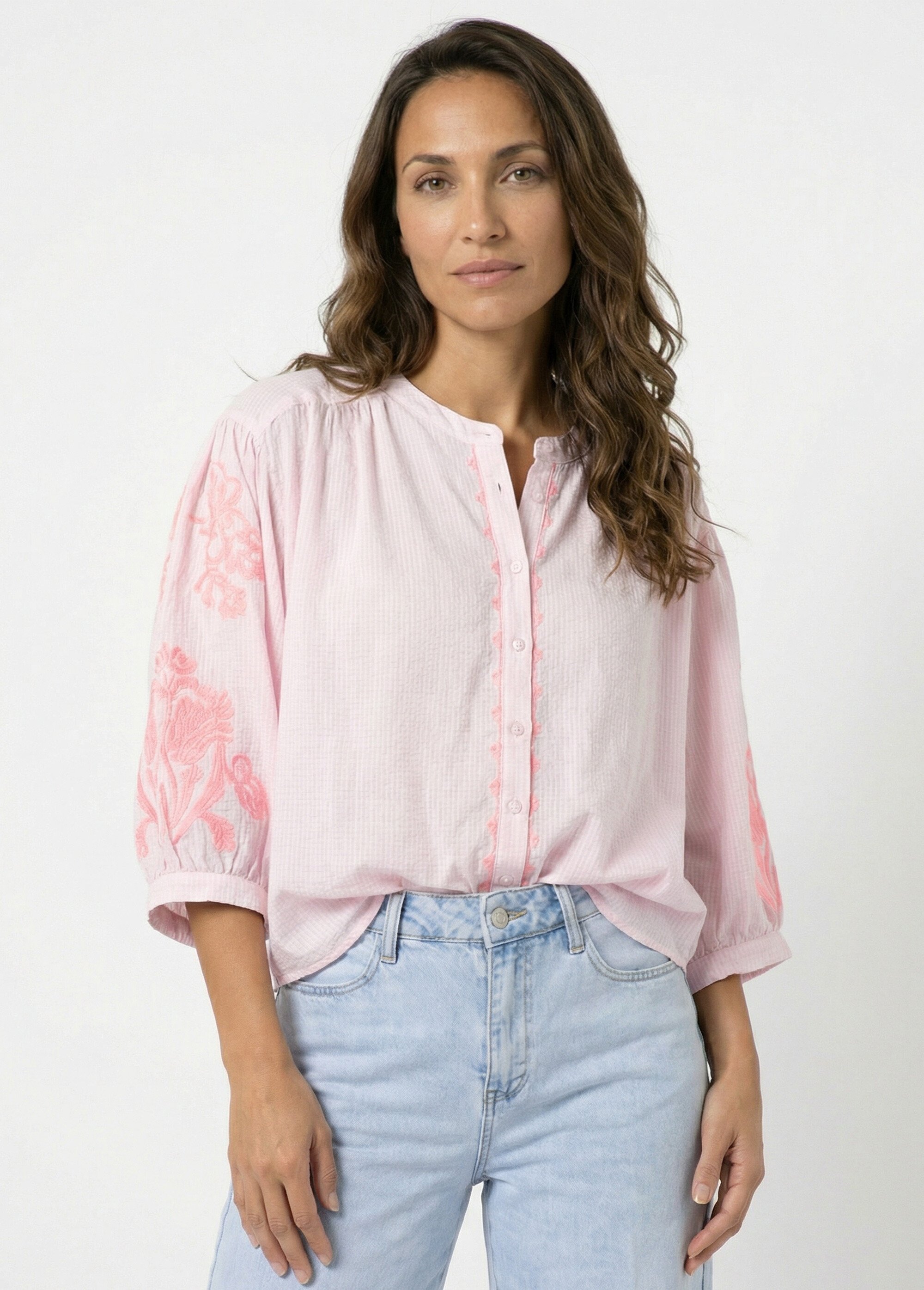 Chemisier ample vichy, broderies fluo Femme Rose JSM-CH3137 MV1