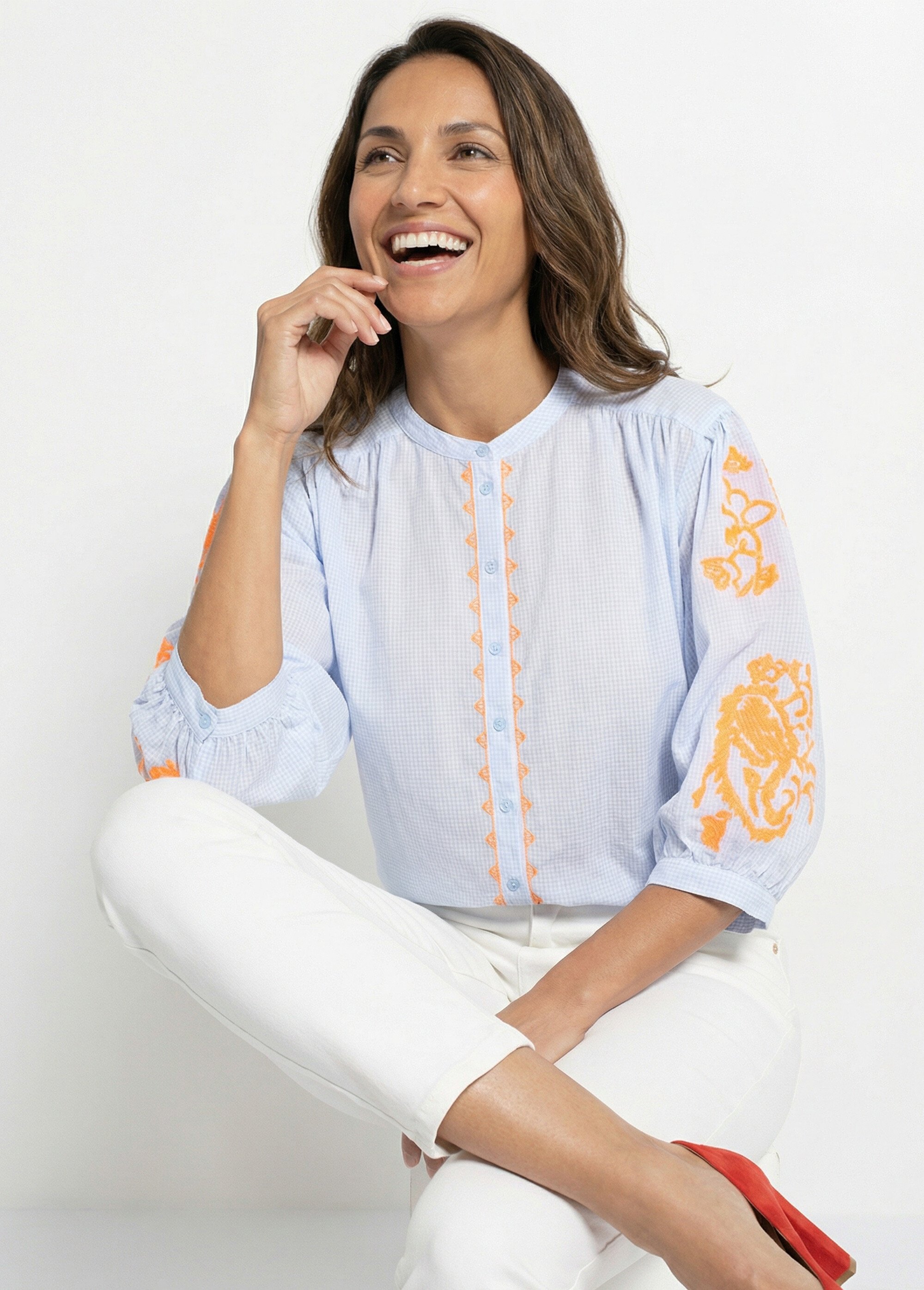 Chemisier ample vichy, broderies fluo Femme Bleu JSM-CH3137 MV1