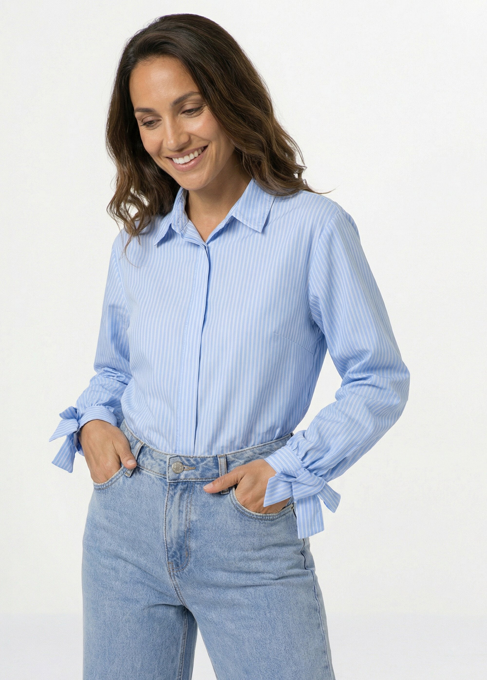 Chemisier rayures et nœud aux poignets Femme Bleu JSM-CH5136 MV1