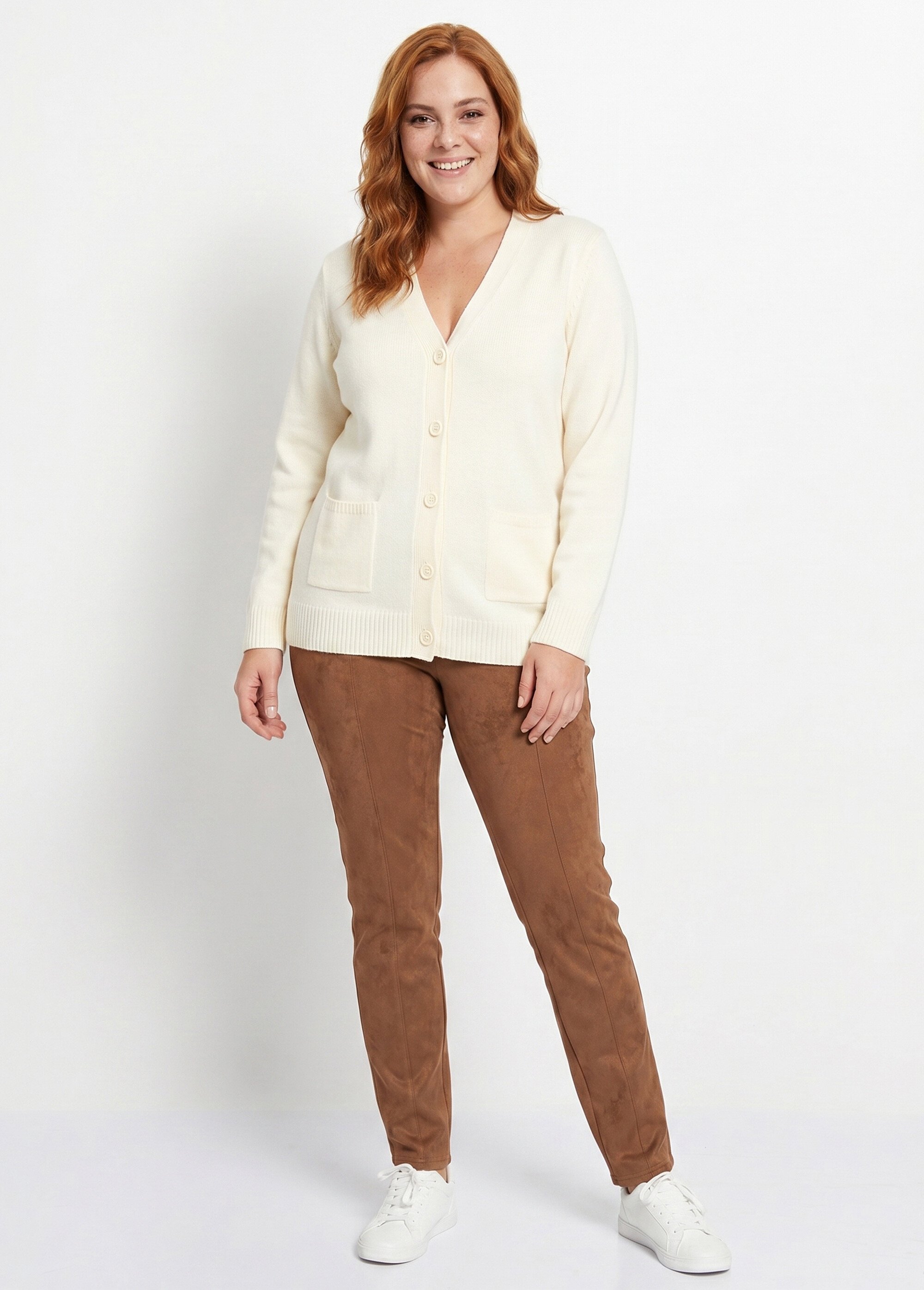 Gilet boutonné maille épaisse Femme Grande Taille Beige PLATON SI1