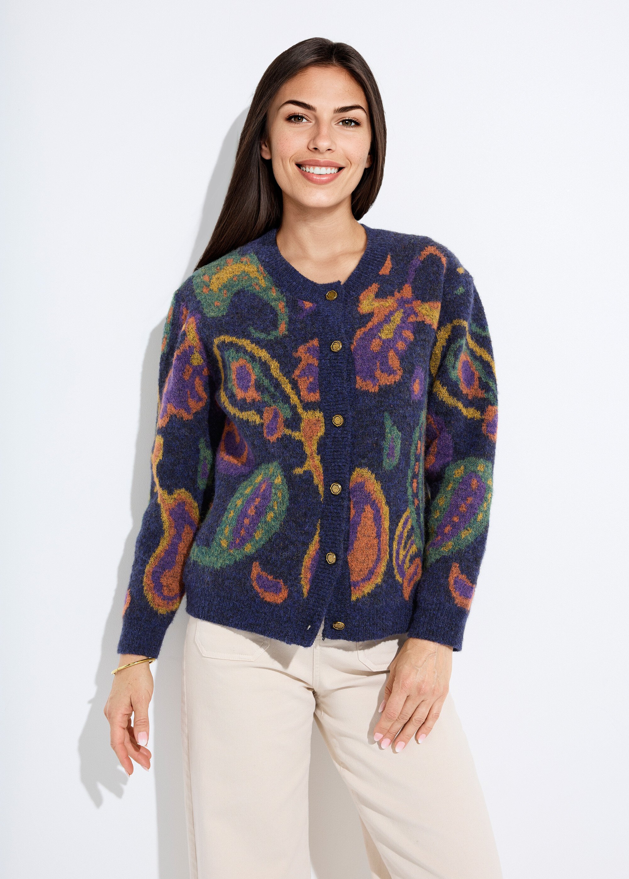 Gilet chaud court boutonné jacquard avec laine Femme FOND MARINE PAVAS FA1