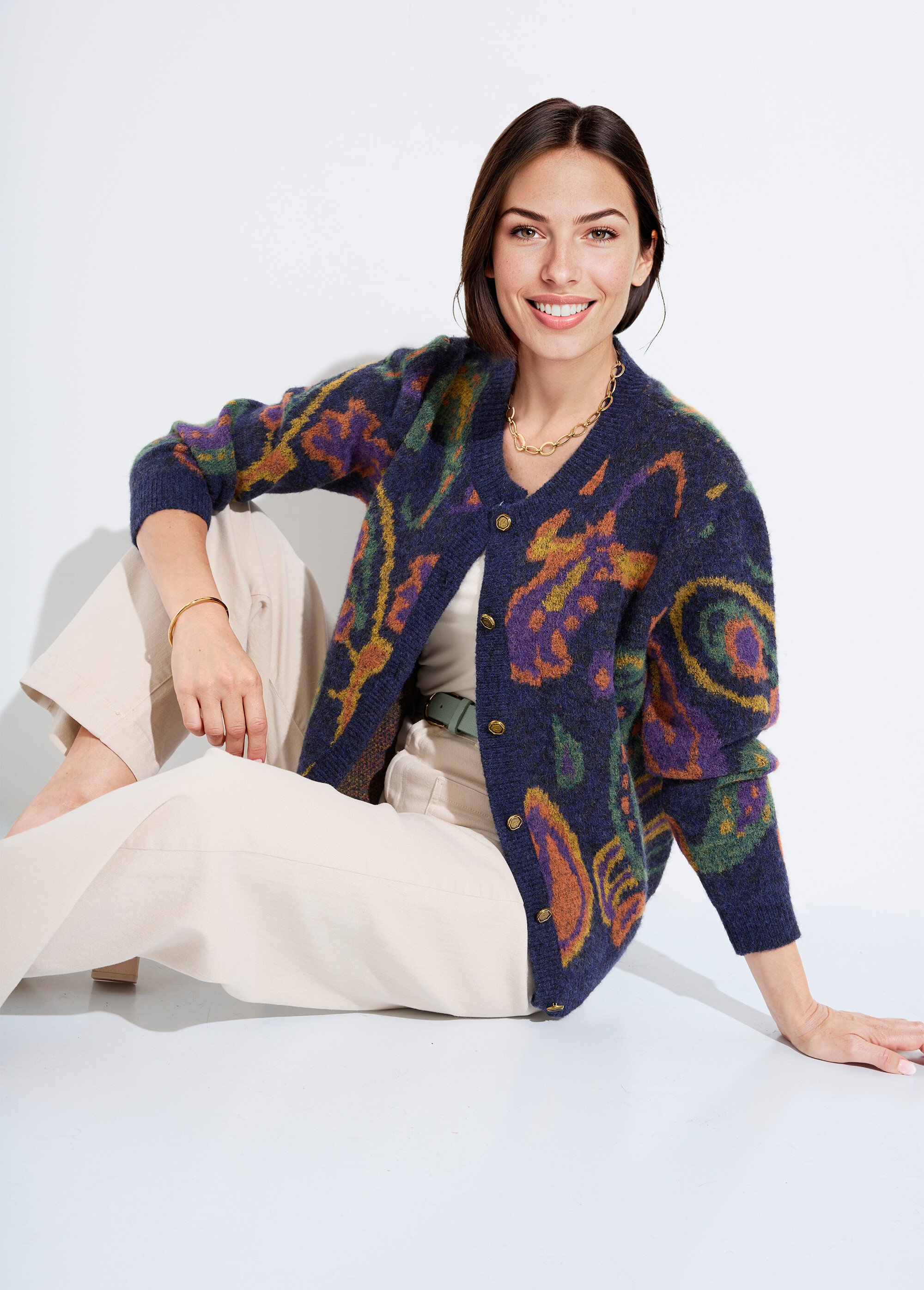 Gilet chaud court boutonné jacquard avec laine Femme FOND MARINE PAVAS MV1
