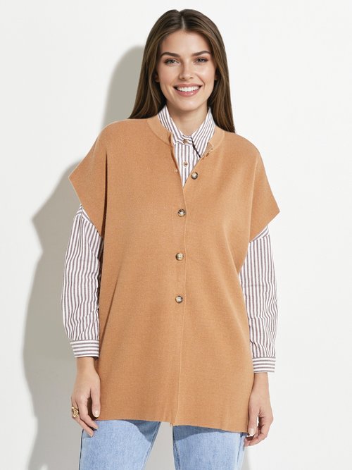 Gilet long sans manches avec col rond Femme Marron IA-S5051 FA1