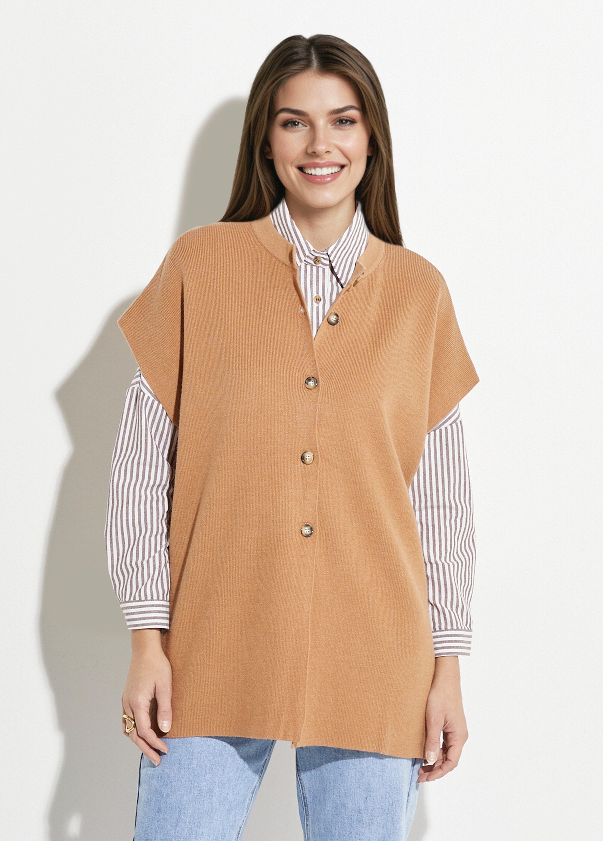 Gilet long sans manches avec col rond Femme Marron IA-S5051 FA1