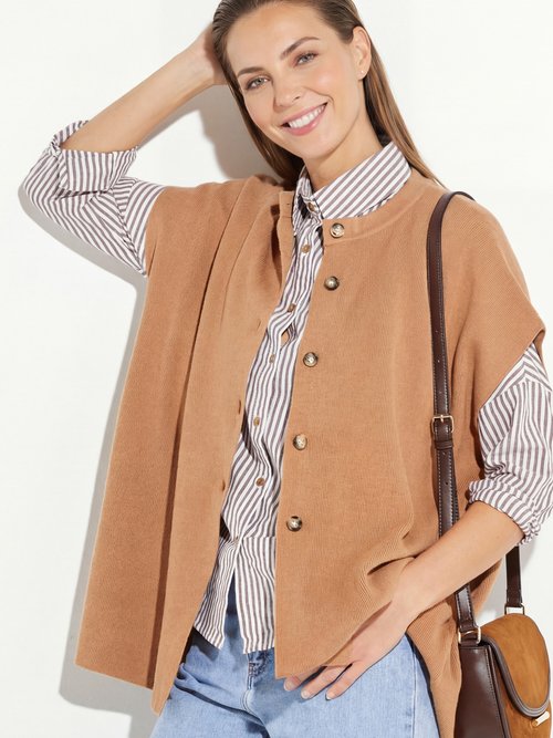 Gilet long sans manches avec col rond Femme Marron IA-S5051 MV1