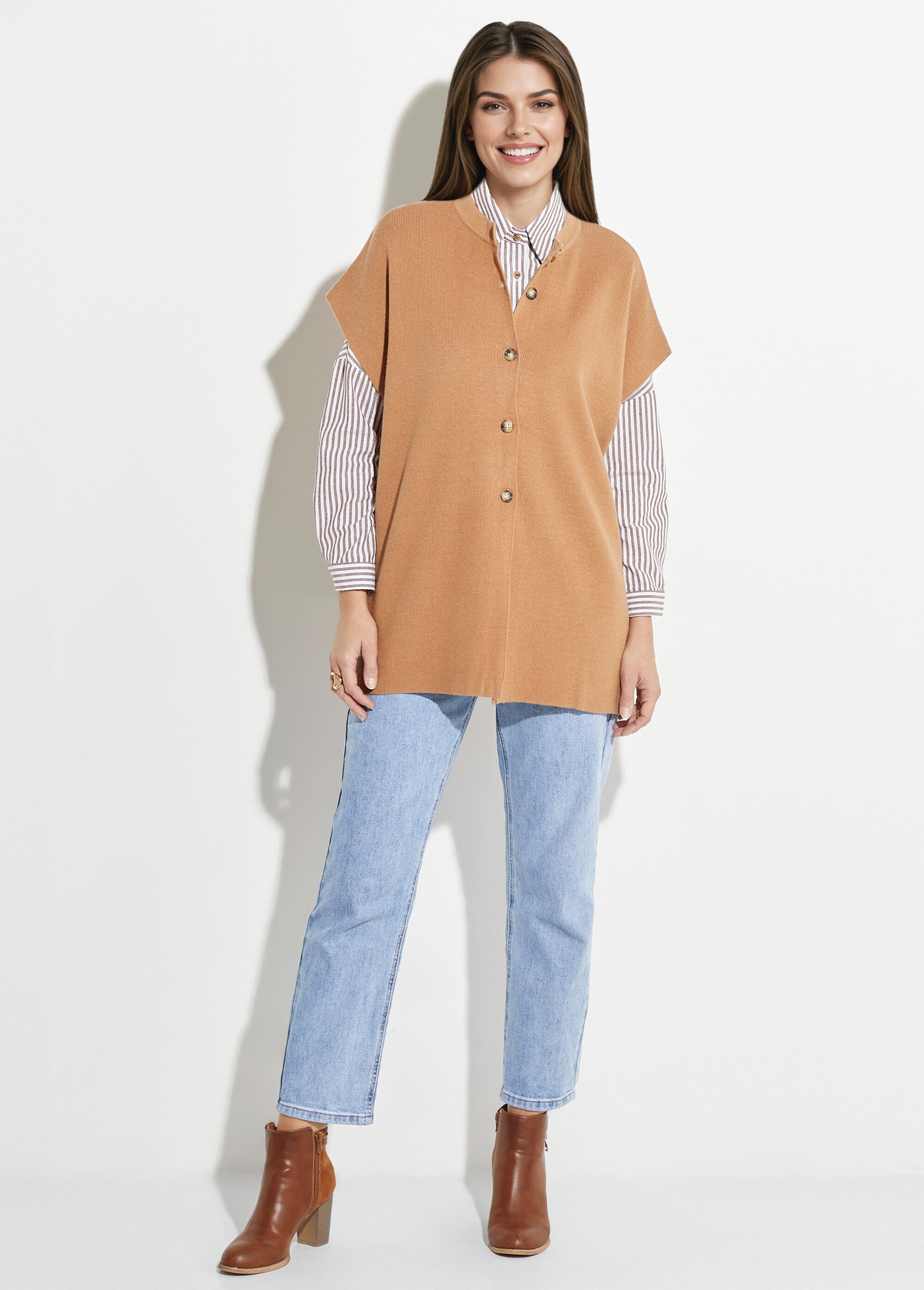 Gilet long sans manches avec col rond Femme Marron IA-S5051 SF1