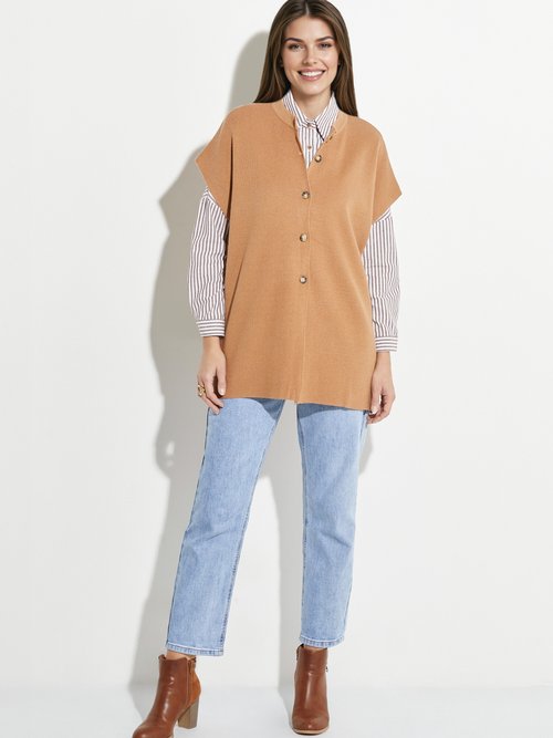 Gilet long sans manches avec col rond Femme Marron IA-S5051 SF1