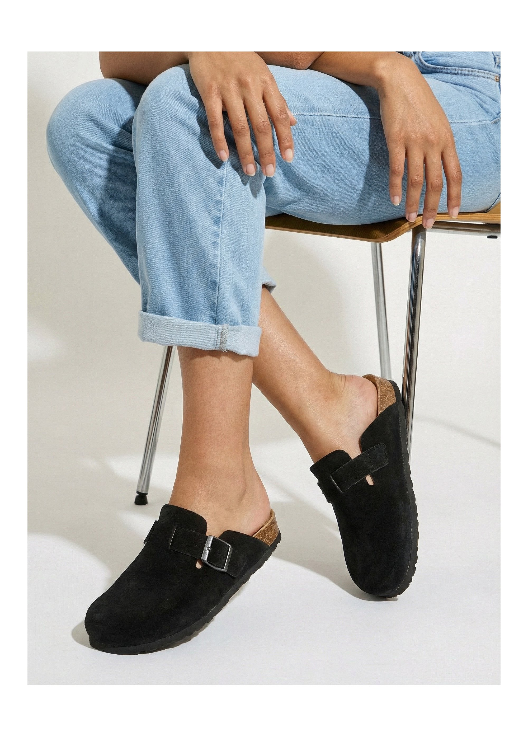 Mules sabots croûte de cuir boucle réglable Femme Noir ODILE SI1