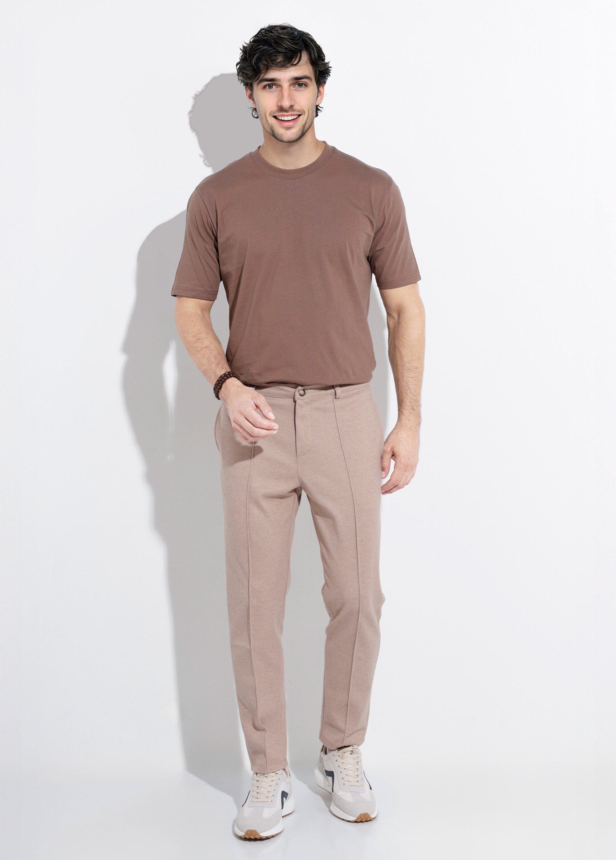 Pantalon chino en molleton avec couture Homme Beige FRI26766 SF1