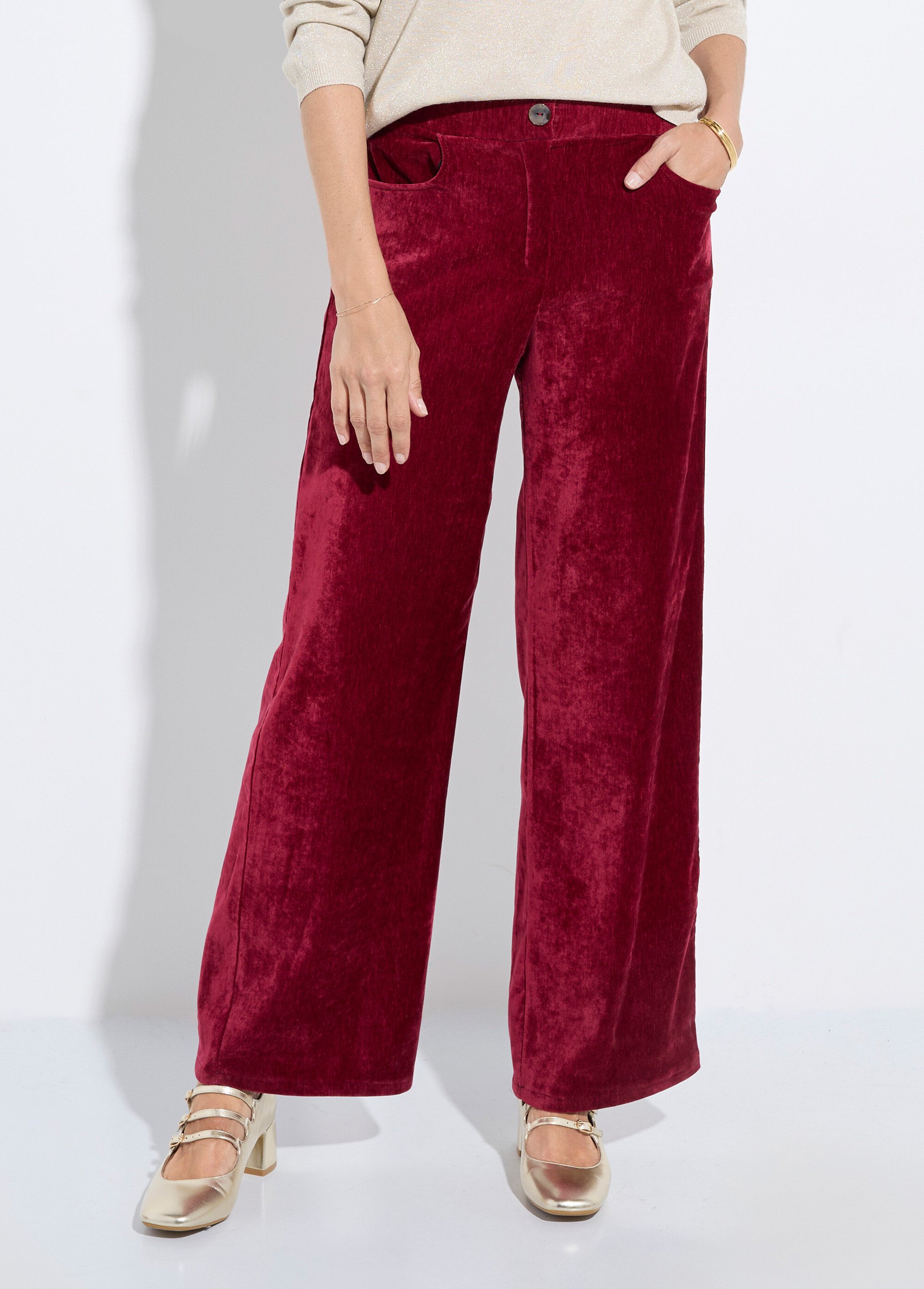 Pantalon large élastiqué en velours ras Femme Rouge FI-CHELSEAVEL FA1