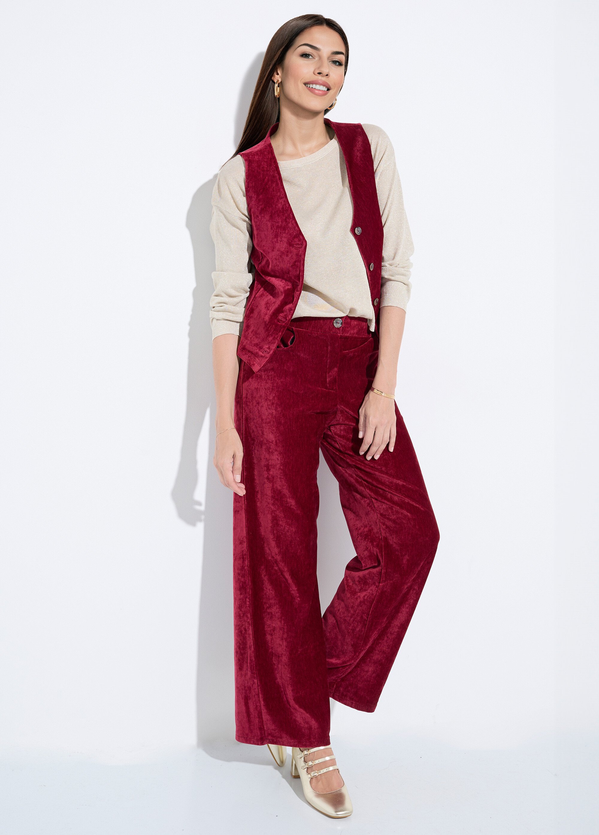 Pantalon large élastiqué en velours ras Femme Rouge FI-CHELSEAVEL MV1