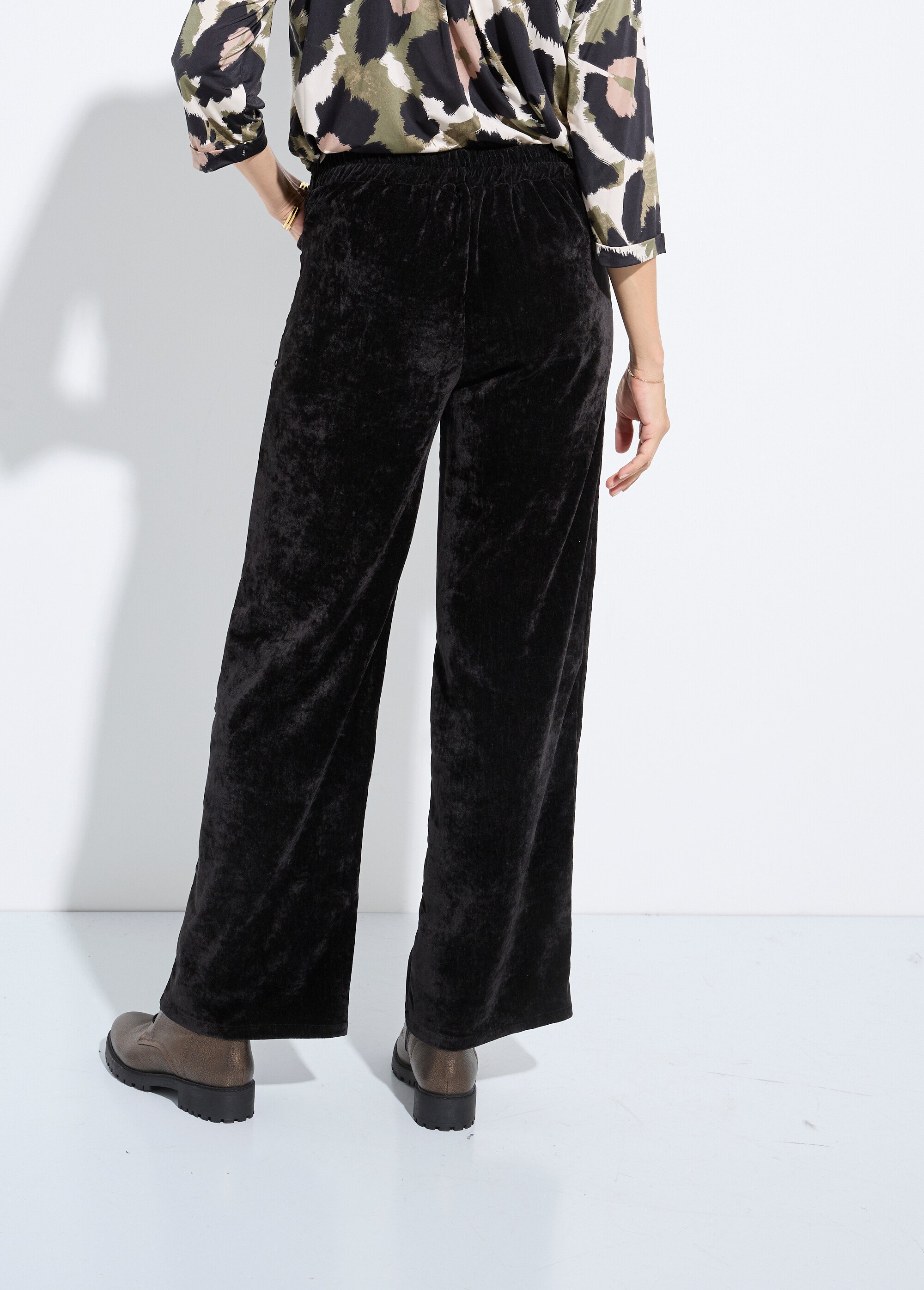 Pantalon large élastiqué en velours ras Femme Noir FI-CHELSEAVEL DO1