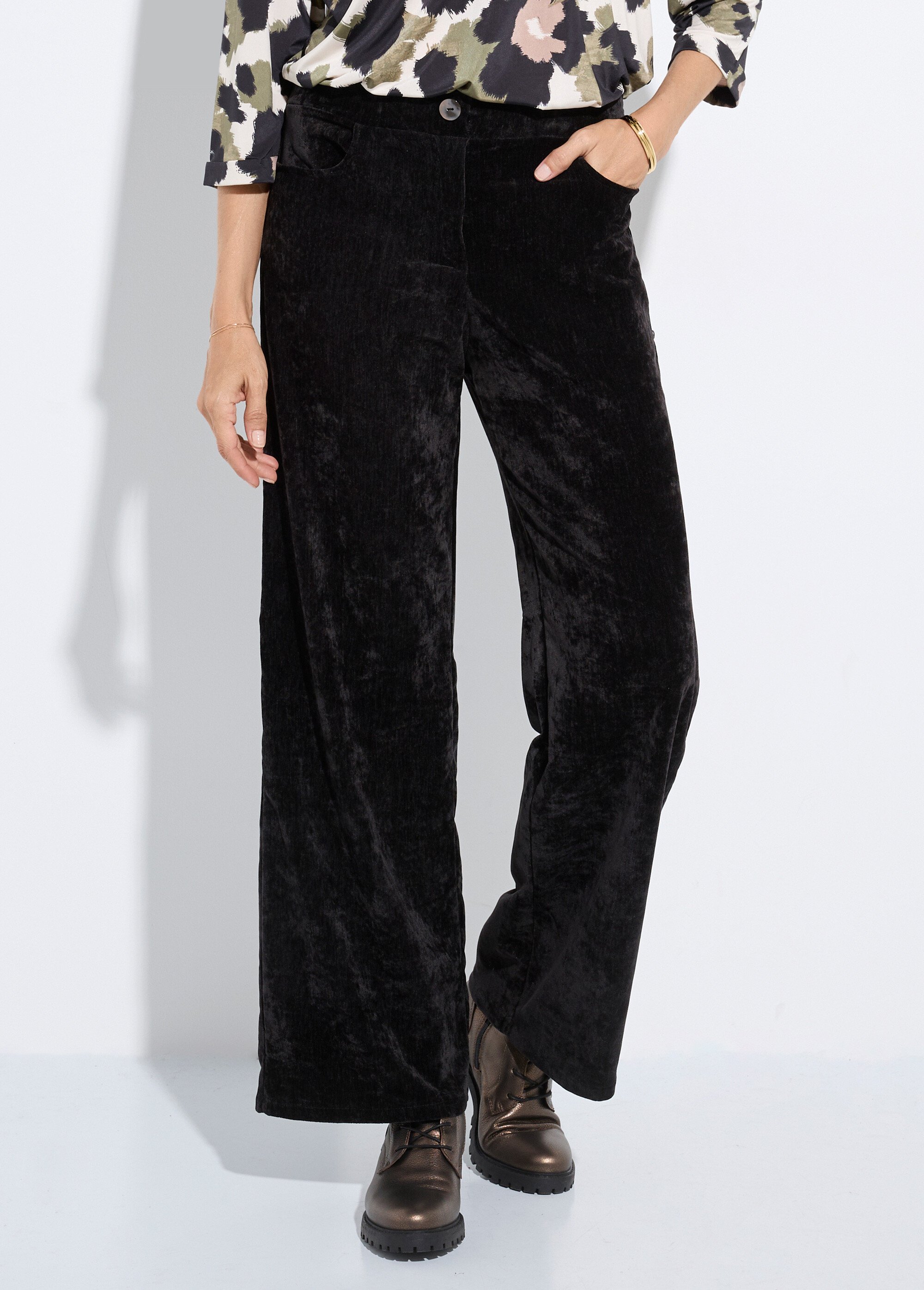 Pantalon large élastiqué en velours ras Femme Noir FI-CHELSEAVEL FA1