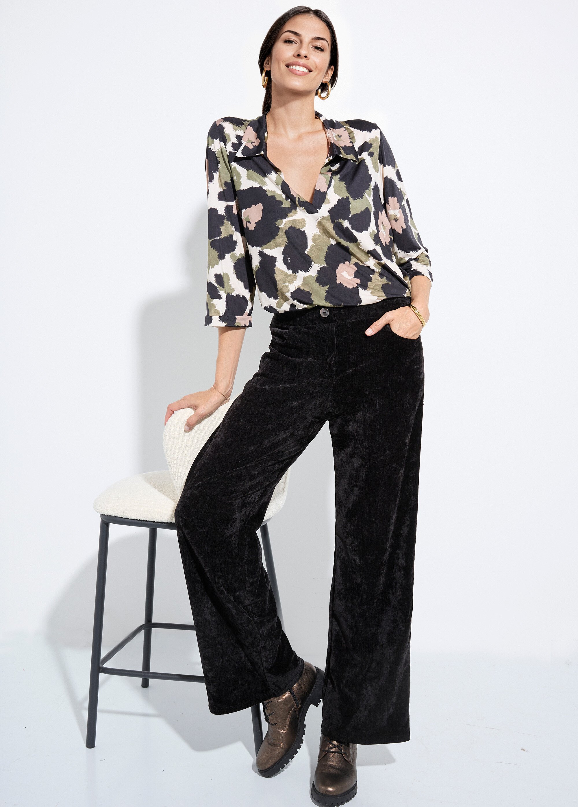Pantalon large élastiqué en velours ras Femme Noir FI-CHELSEAVEL MV1