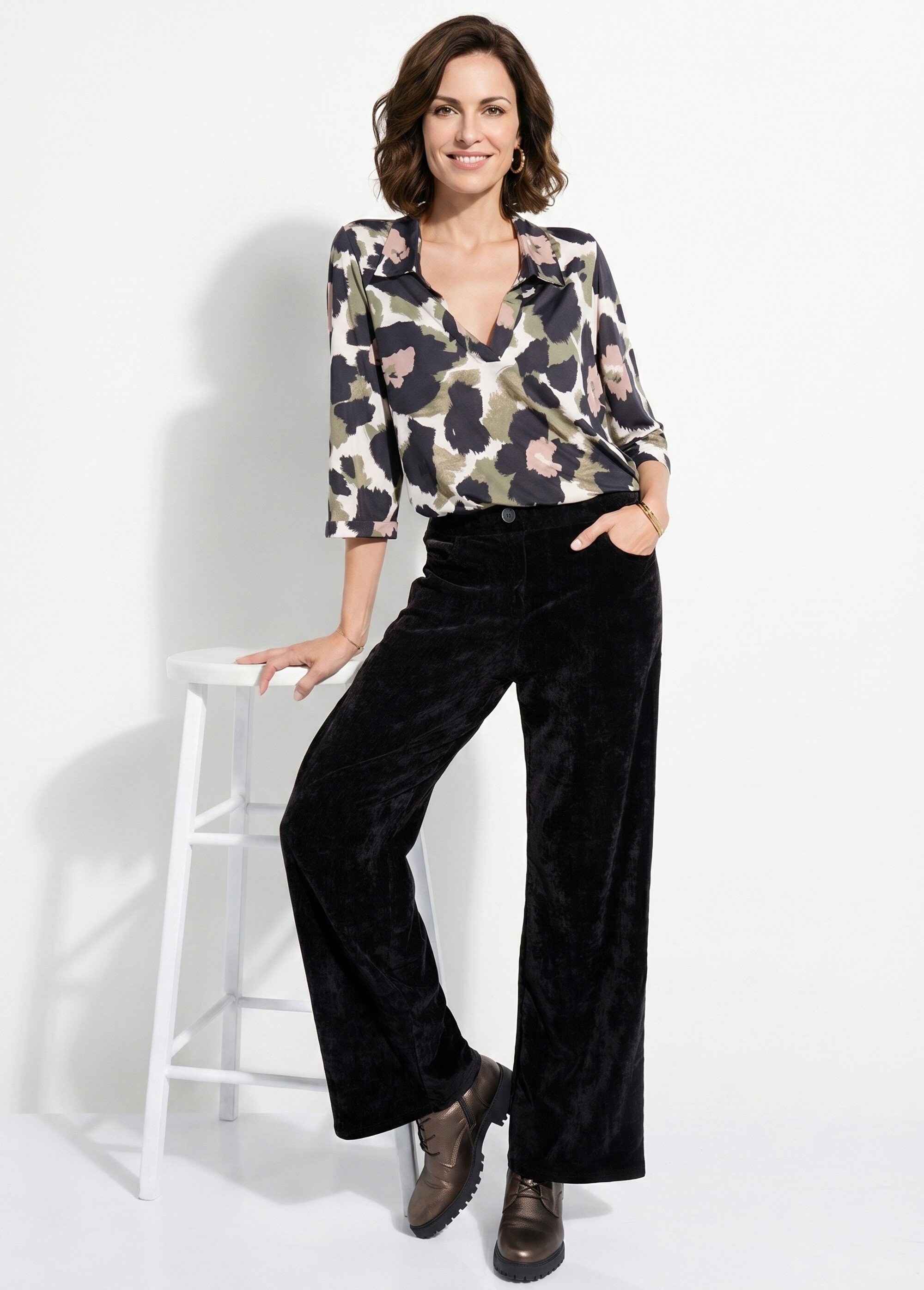 Pantalon large élastiqué en velours ras Femme Noir FI-CHELSEAVEL MV1