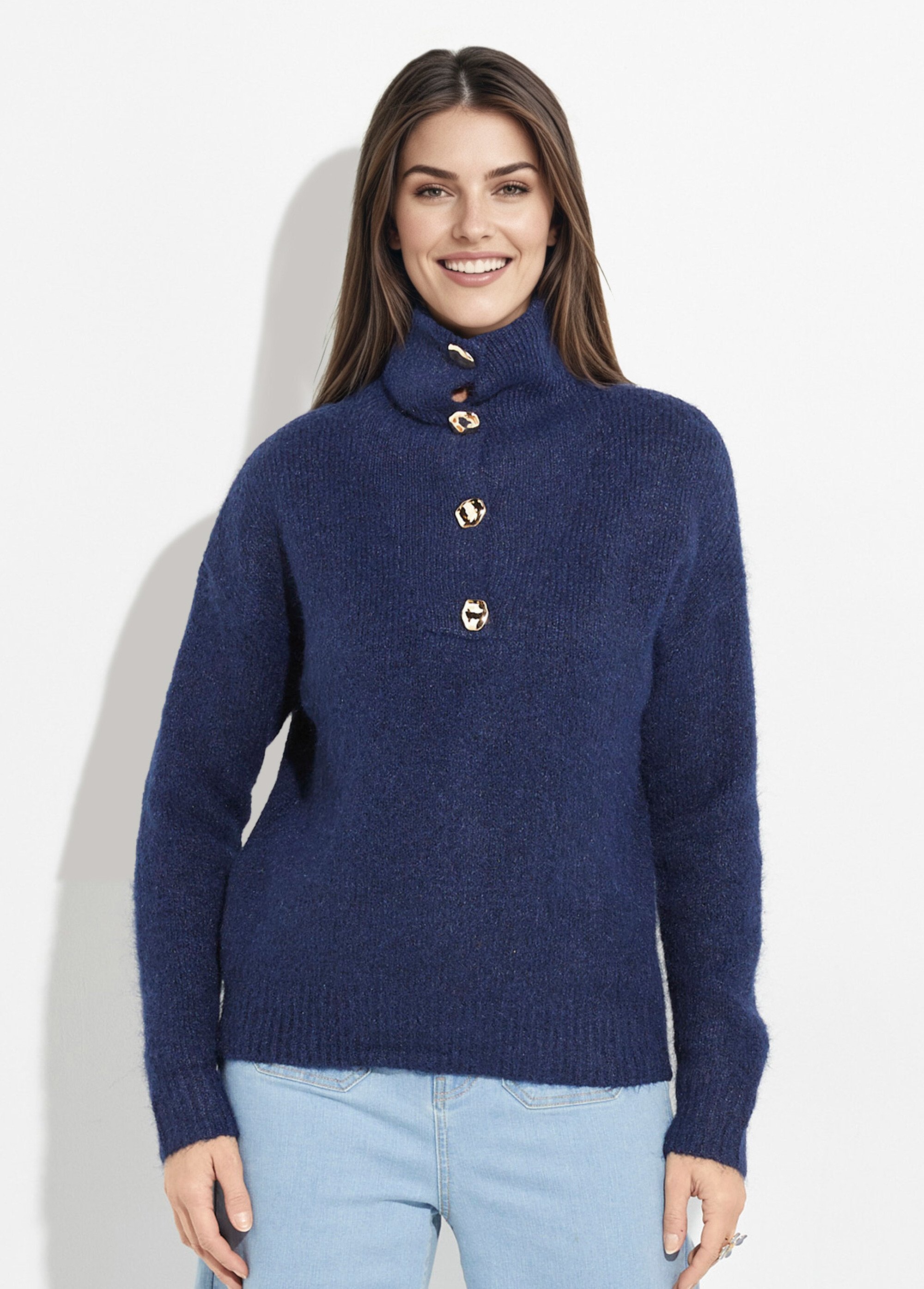 Pull camionneur avec laine + boutons métal Femme Bleu IA-AR932 FA1