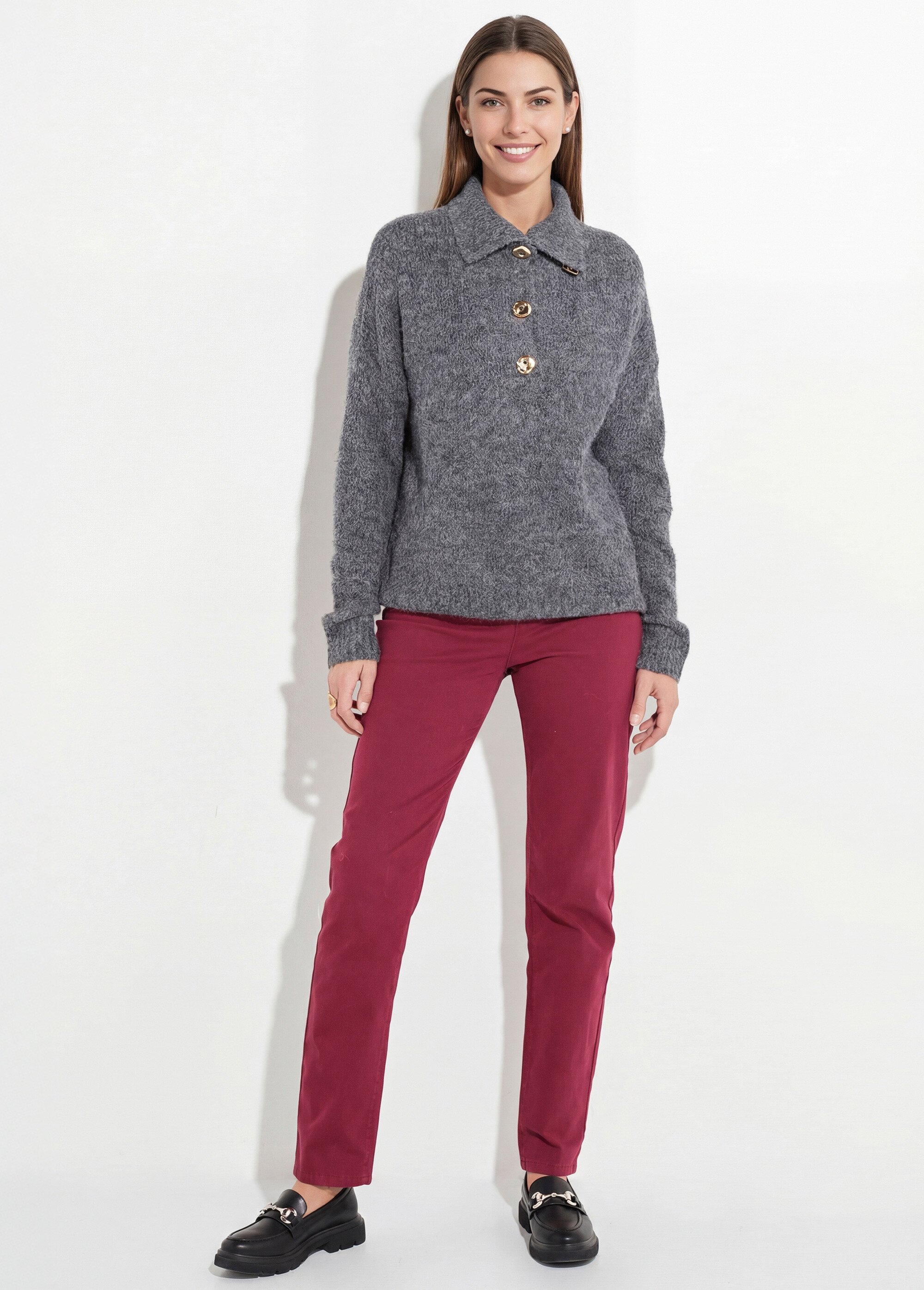 Pull camionneur avec laine + boutons métal Femme Gris IA-AR932 SF1